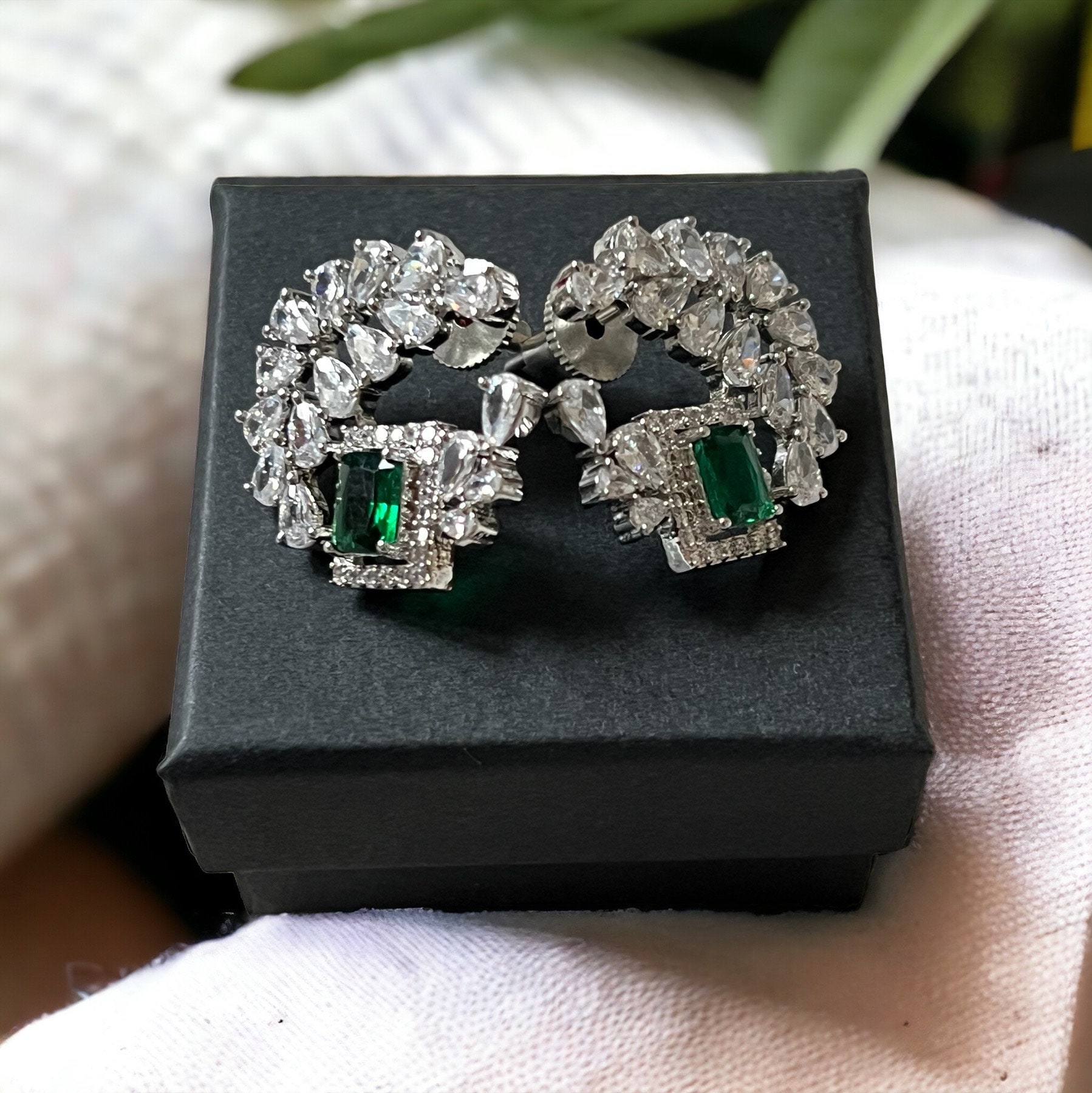 Green Gemstone Statement Earrings | Floral Crystal Studs with Emerald Center | Wedding & Party Jewelry | Luxury Silver Finish - Image 2