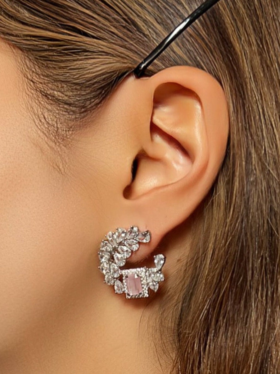 Pink, Pastel Pink, Barbie Pink Crystal Stud Earrings, Wedding jewelry, Indian Jewelry - Image 2