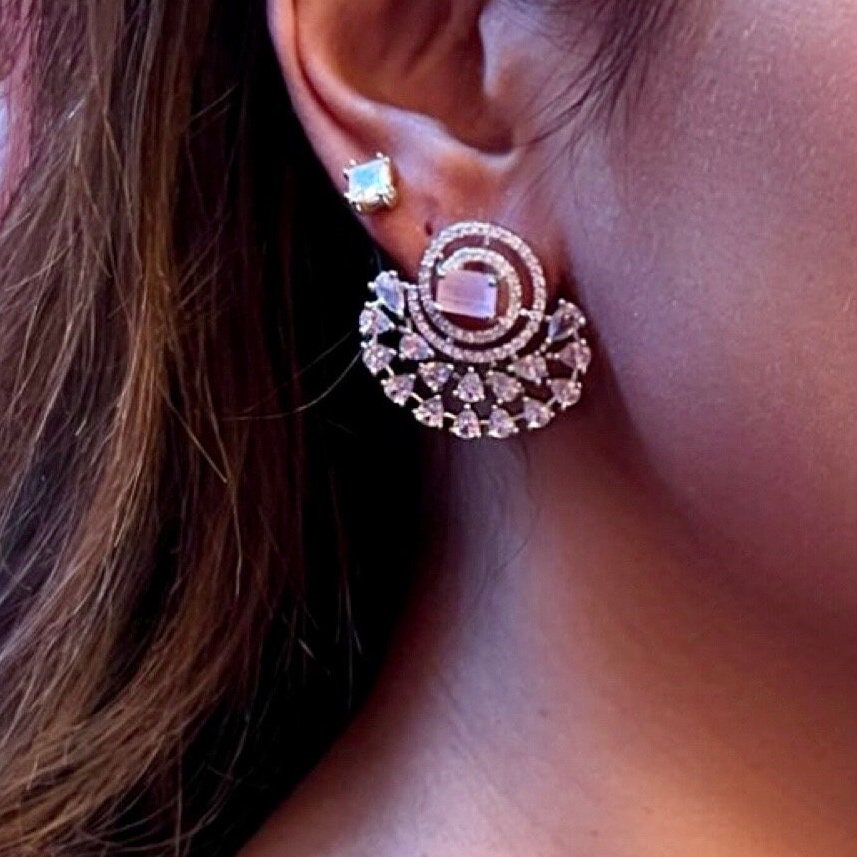 Pink Half Moon Drop Earrings Indian, Asian, Bollywood Jewelry - Image 2