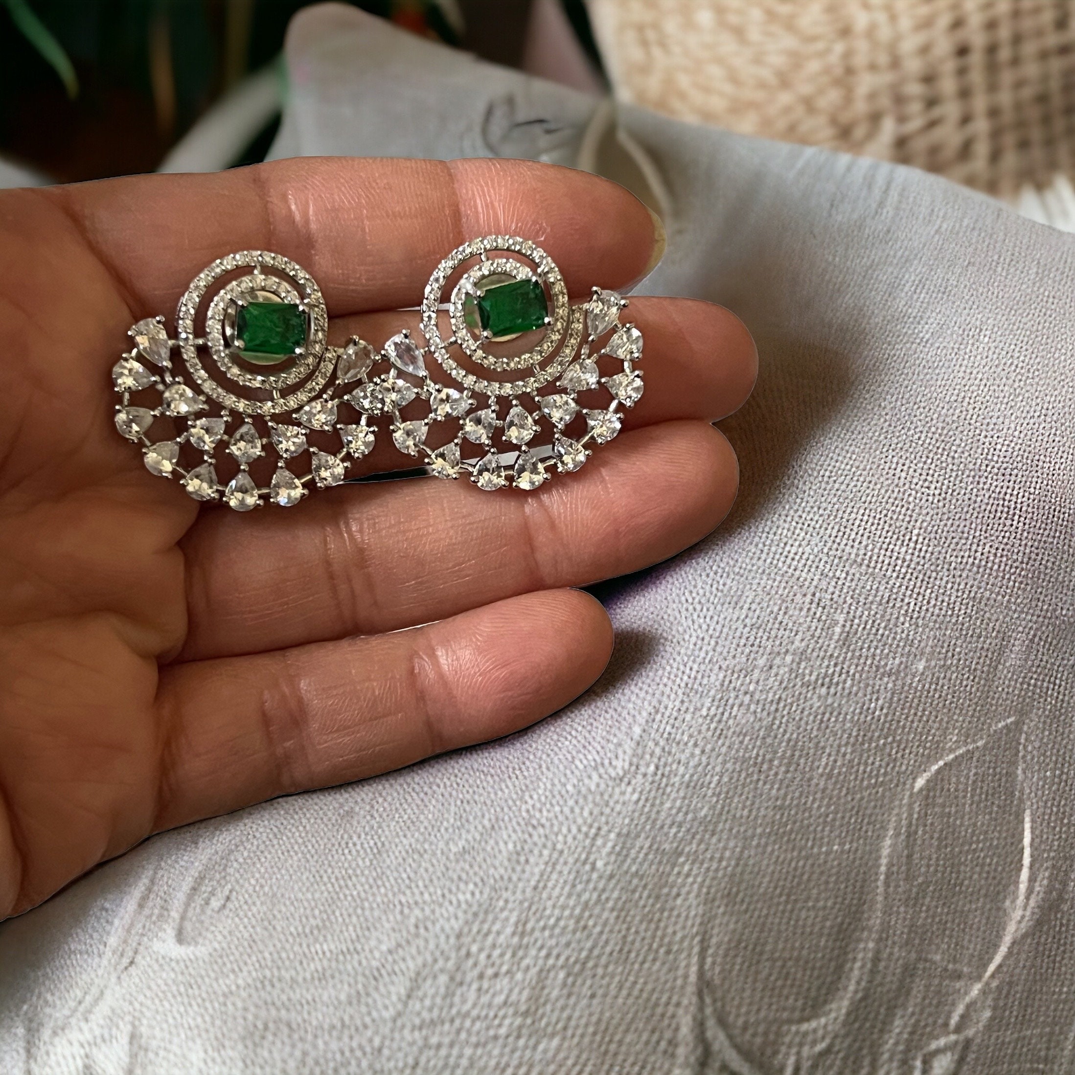 Emerald Green Fan Earrings | Bridal Statement Studs with Crystal Halo | Silver Glam Earrings for Weddings & Festive Wear