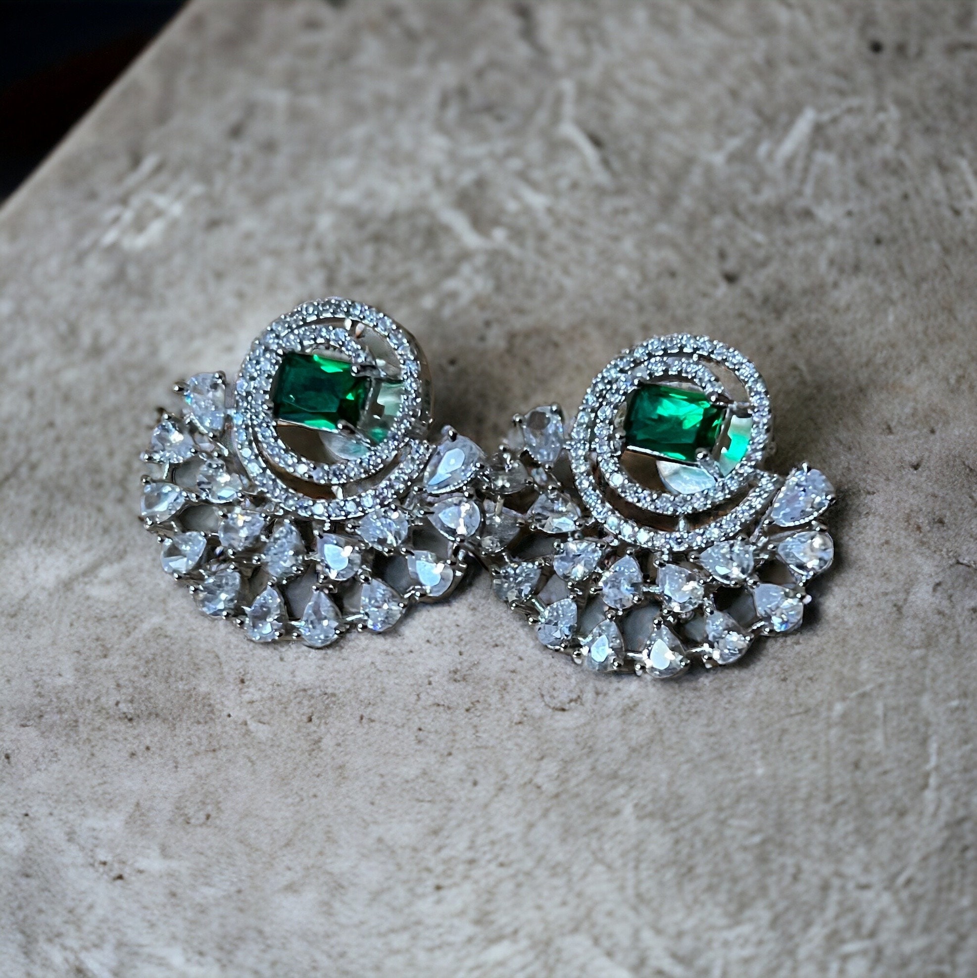 Emerald Green Fan Earrings | Bridal Statement Studs with Crystal Halo | Silver Glam Earrings for Weddings & Festive Wear - Image 3