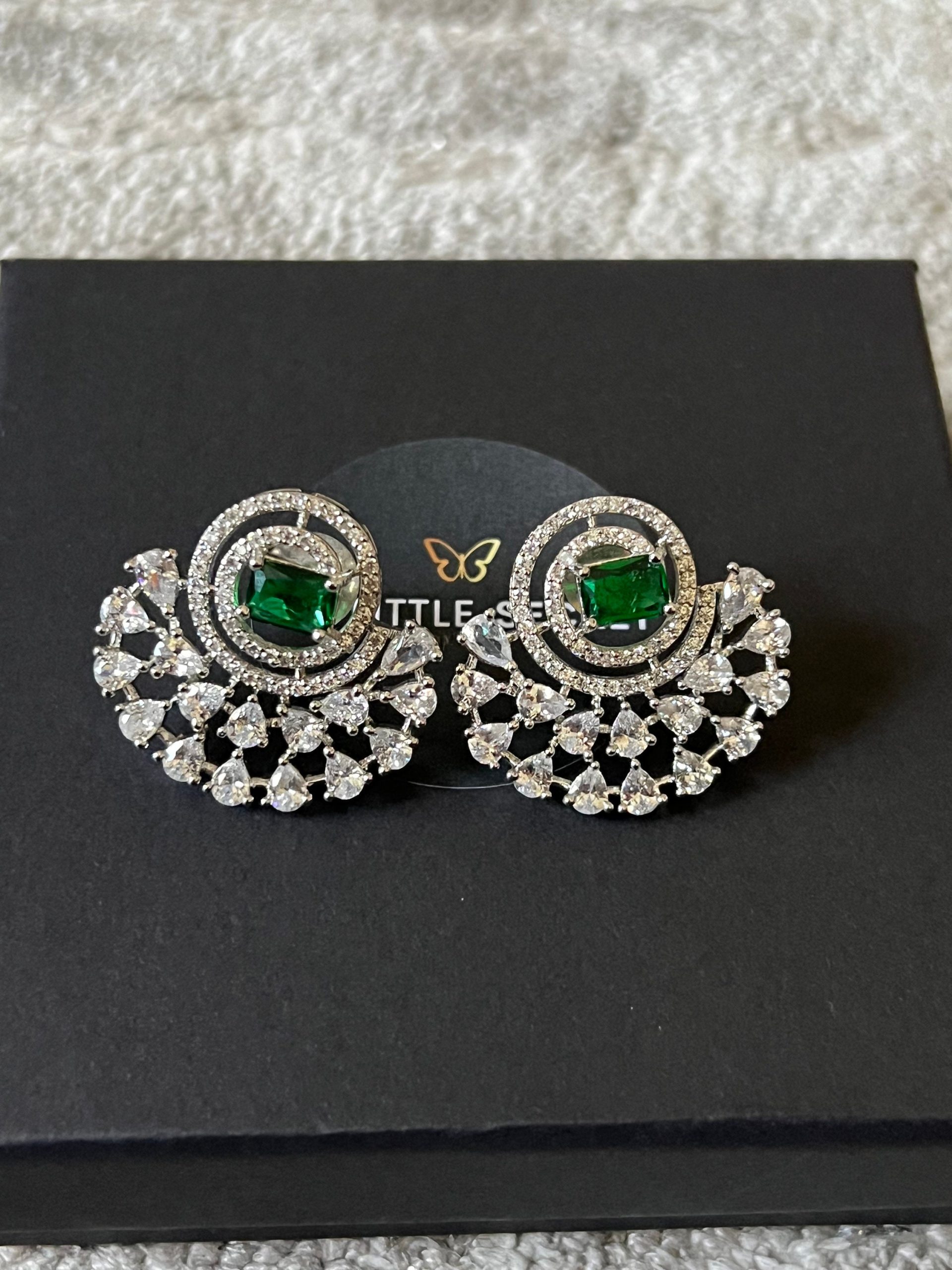 Emerald Green Fan Earrings | Bridal Statement Studs with Crystal Halo | Silver Glam Earrings for Weddings & Festive Wear - Image 5