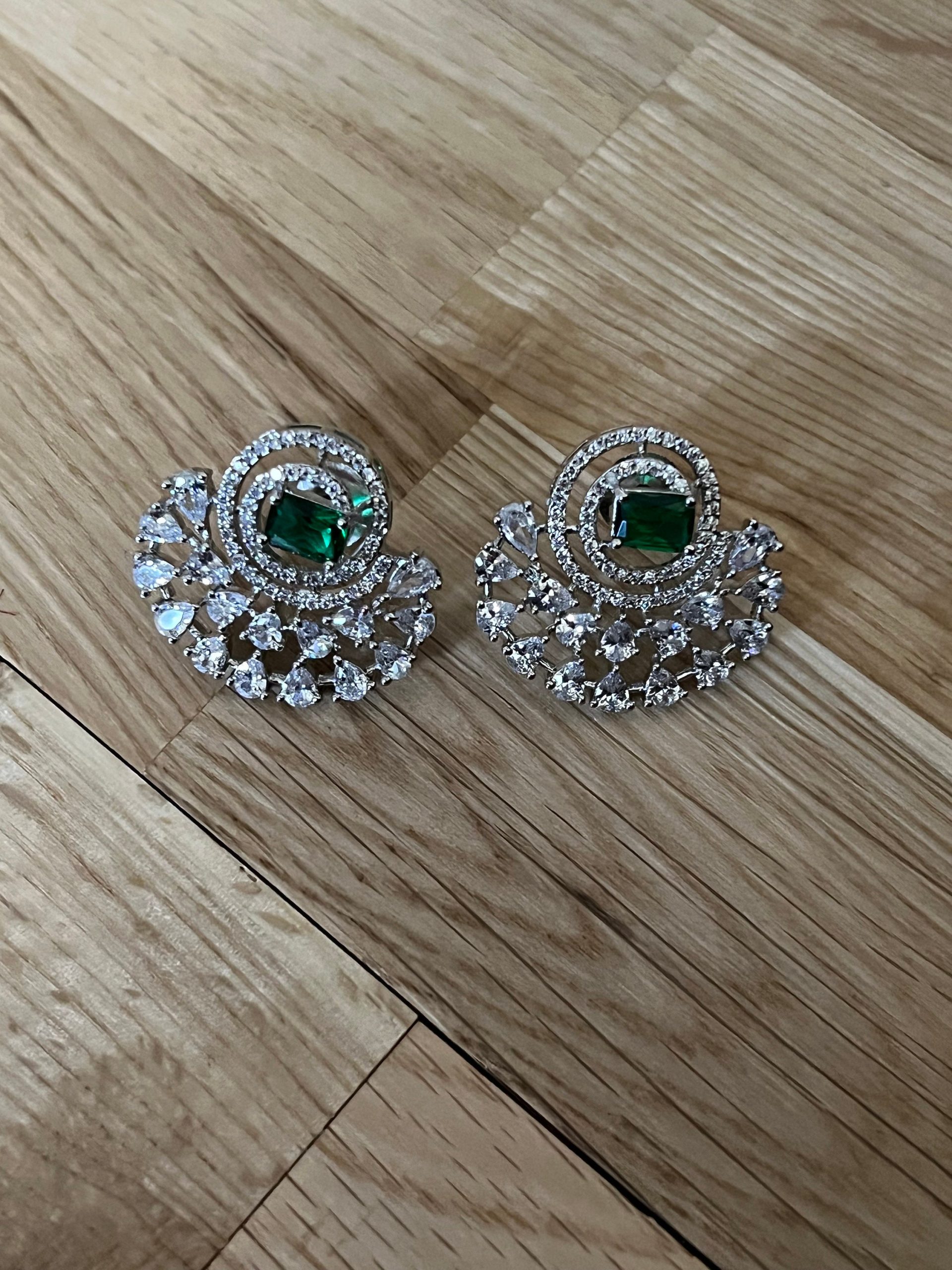 Emerald Green Fan Earrings | Bridal Statement Studs with Crystal Halo | Silver Glam Earrings for Weddings & Festive Wear - Image 8