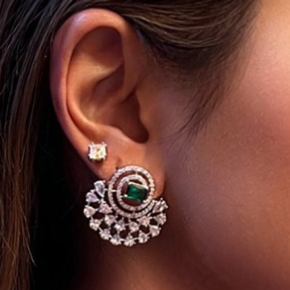 Emerald Green Fan Earrings | Bridal Statement Studs with Crystal Halo | Silver Glam Earrings for Weddings & Festive Wear - Image 2