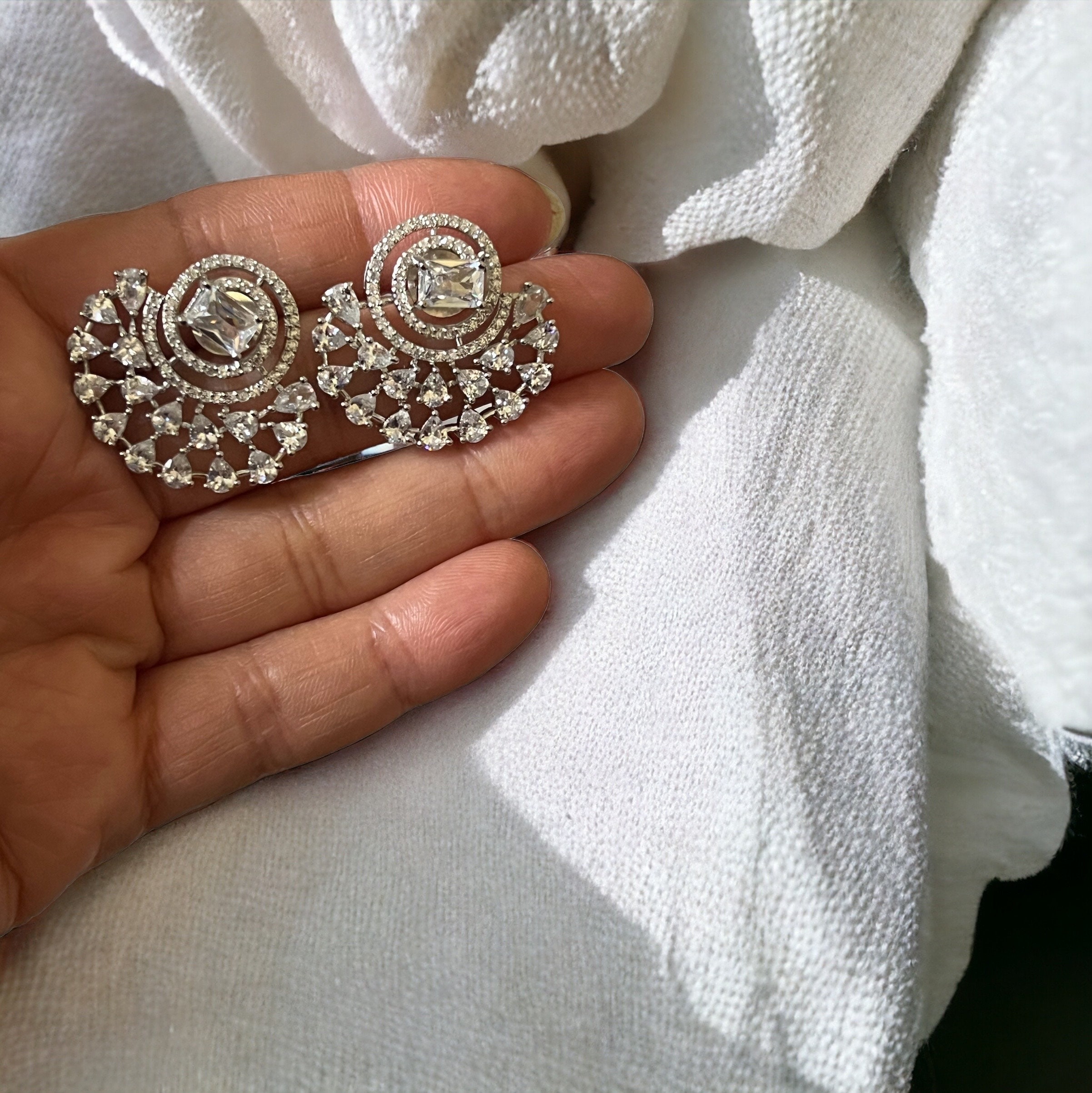 Silver Spiral Statement Stud Earrings ? Cubic Zirconia Circle Fan Design | Elegant Bridal or Party Jewelry