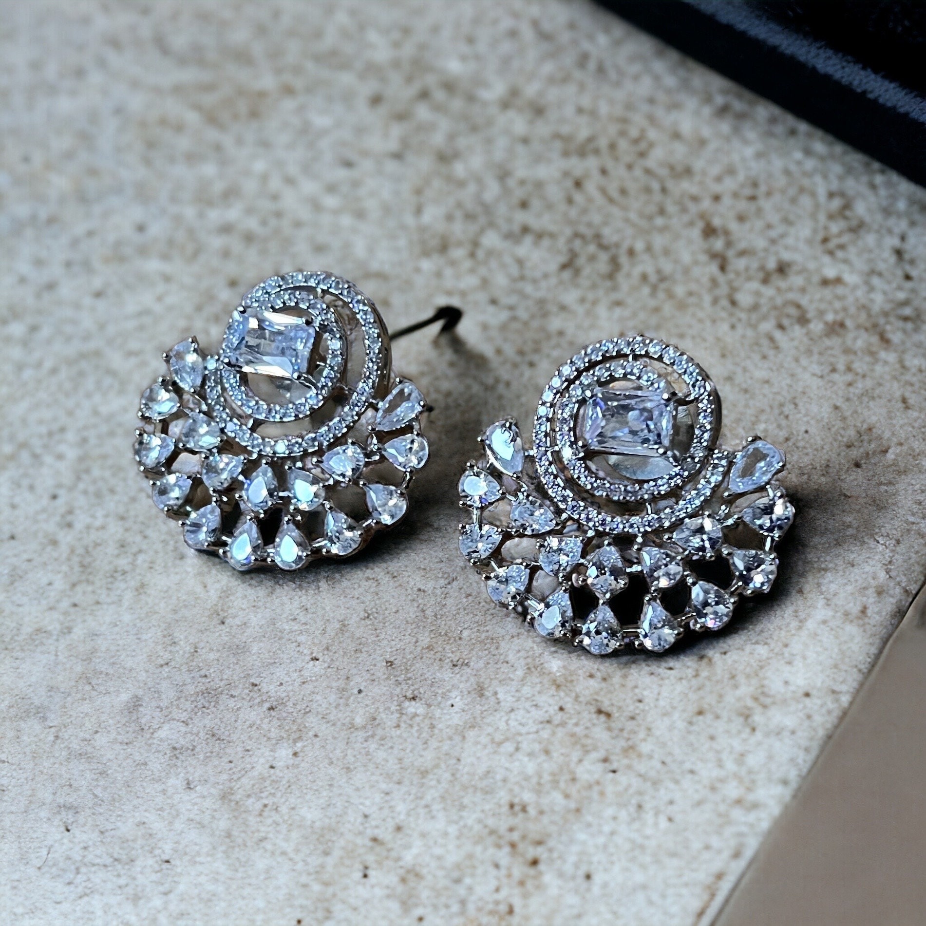Silver Spiral Statement Stud Earrings ? Cubic Zirconia Circle Fan Design | Elegant Bridal or Party Jewelry - Image 3