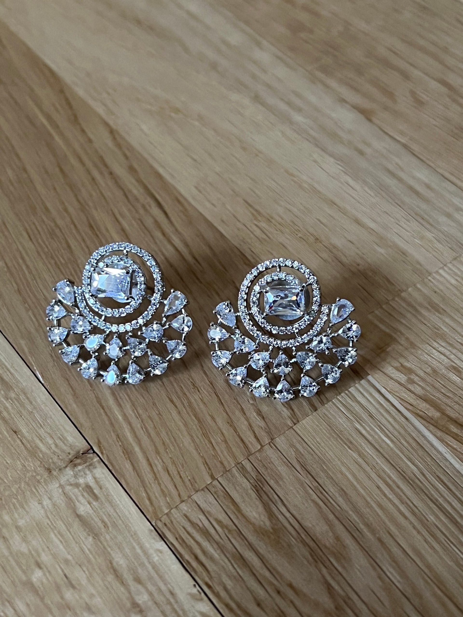 Silver Spiral Statement Stud Earrings ? Cubic Zirconia Circle Fan Design | Elegant Bridal or Party Jewelry - Image 7