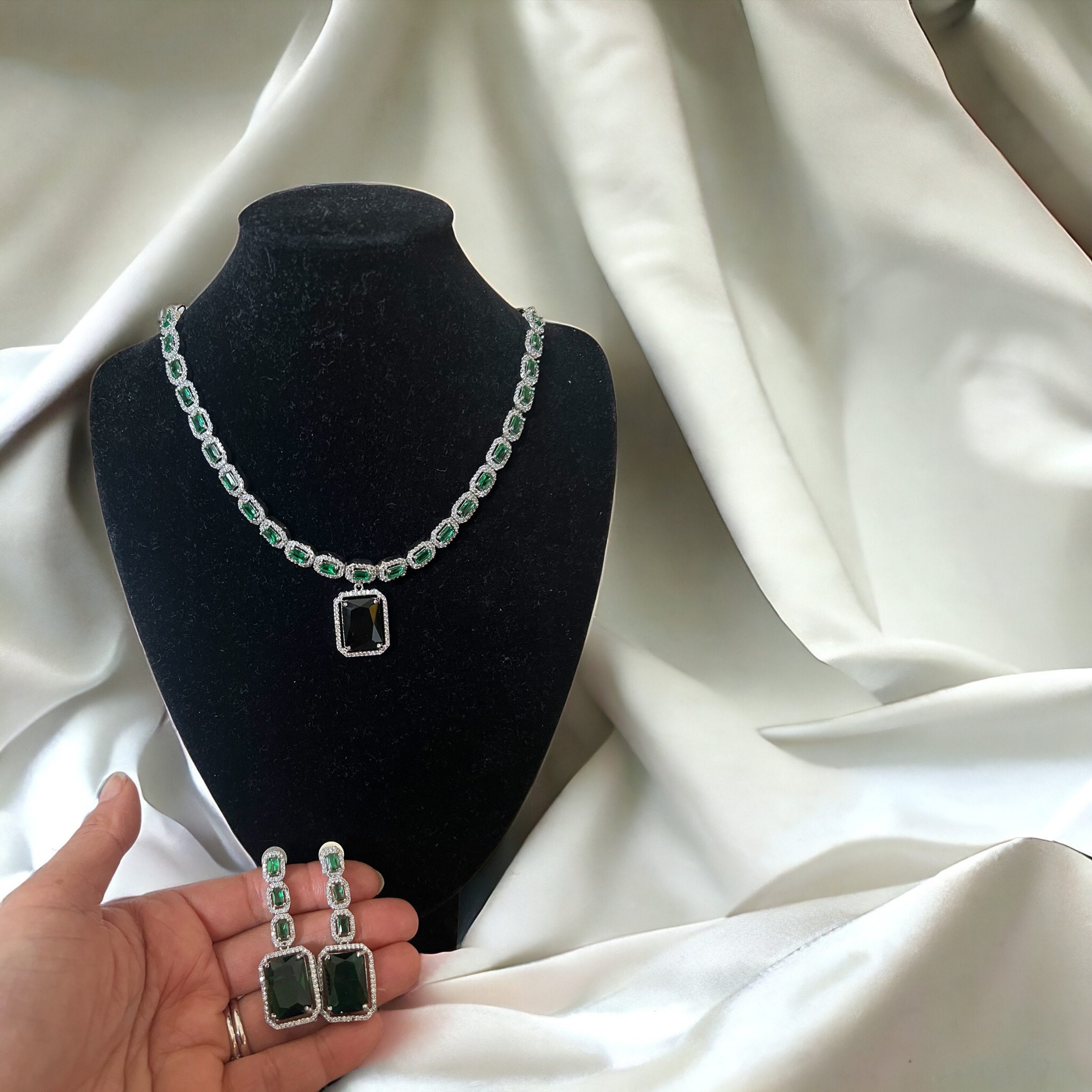 Emerald Green Necklace Set ? Silver Statement Jewelry with Drop Earrings | Square-Cut Crystal Set | Wedding Guest & Formal Look