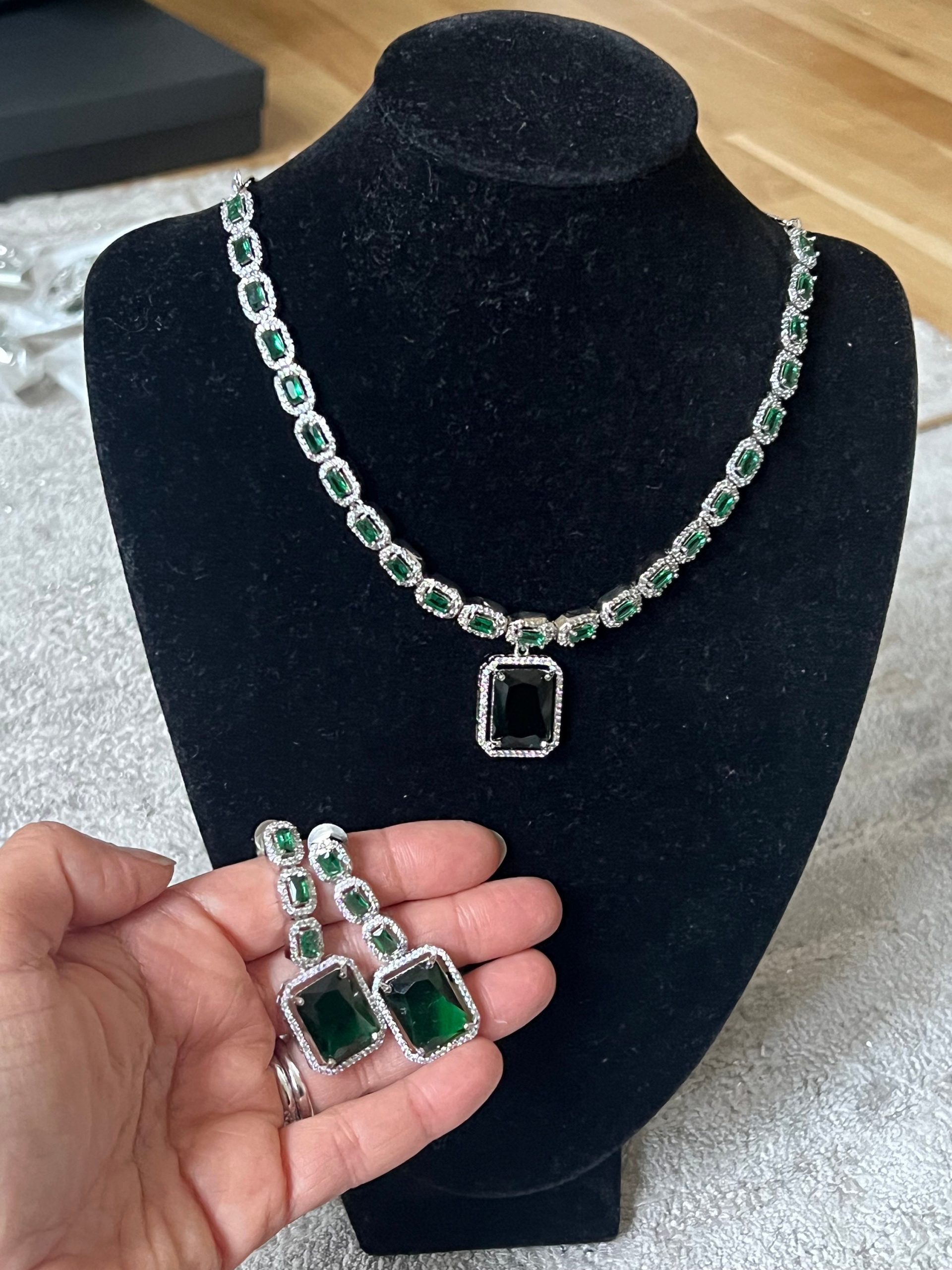 Emerald Green Necklace Set ? Silver Statement Jewelry with Drop Earrings | Square-Cut Crystal Set | Wedding Guest & Formal Look - Image 2