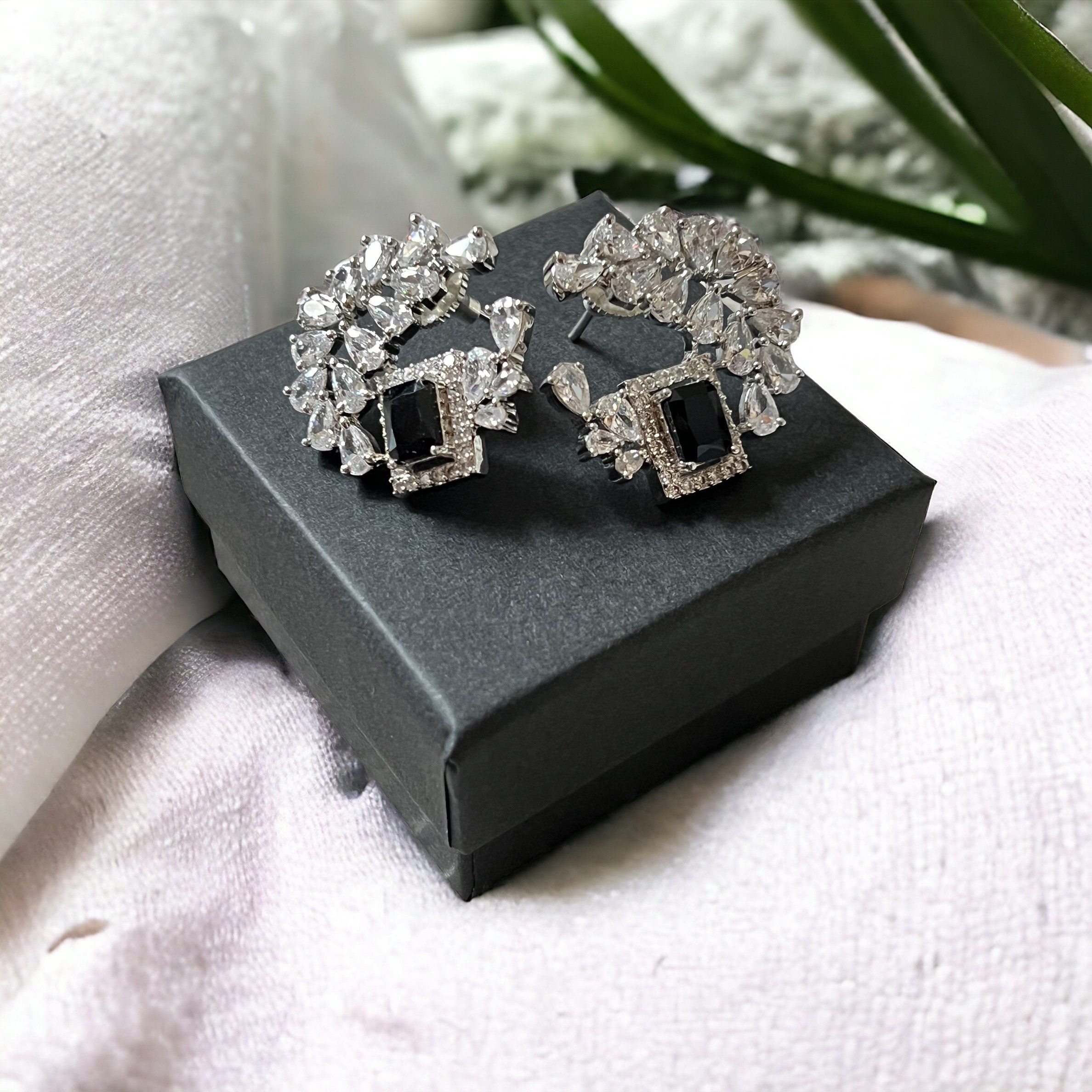 Black & Silver Statement Stud Earrings ? Cubic Zirconia Cluster with Jet Black Centerpiece | Luxe Party Jewelry - Image 4