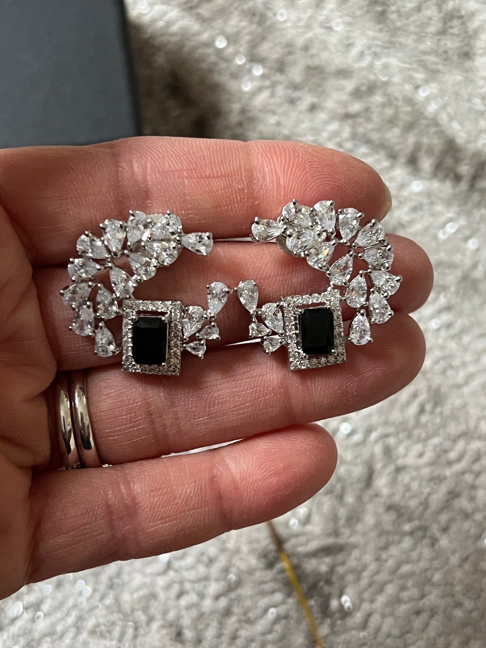Black & Silver Statement Stud Earrings ? Cubic Zirconia Cluster with Jet Black Centerpiece | Luxe Party Jewelry - Image 5