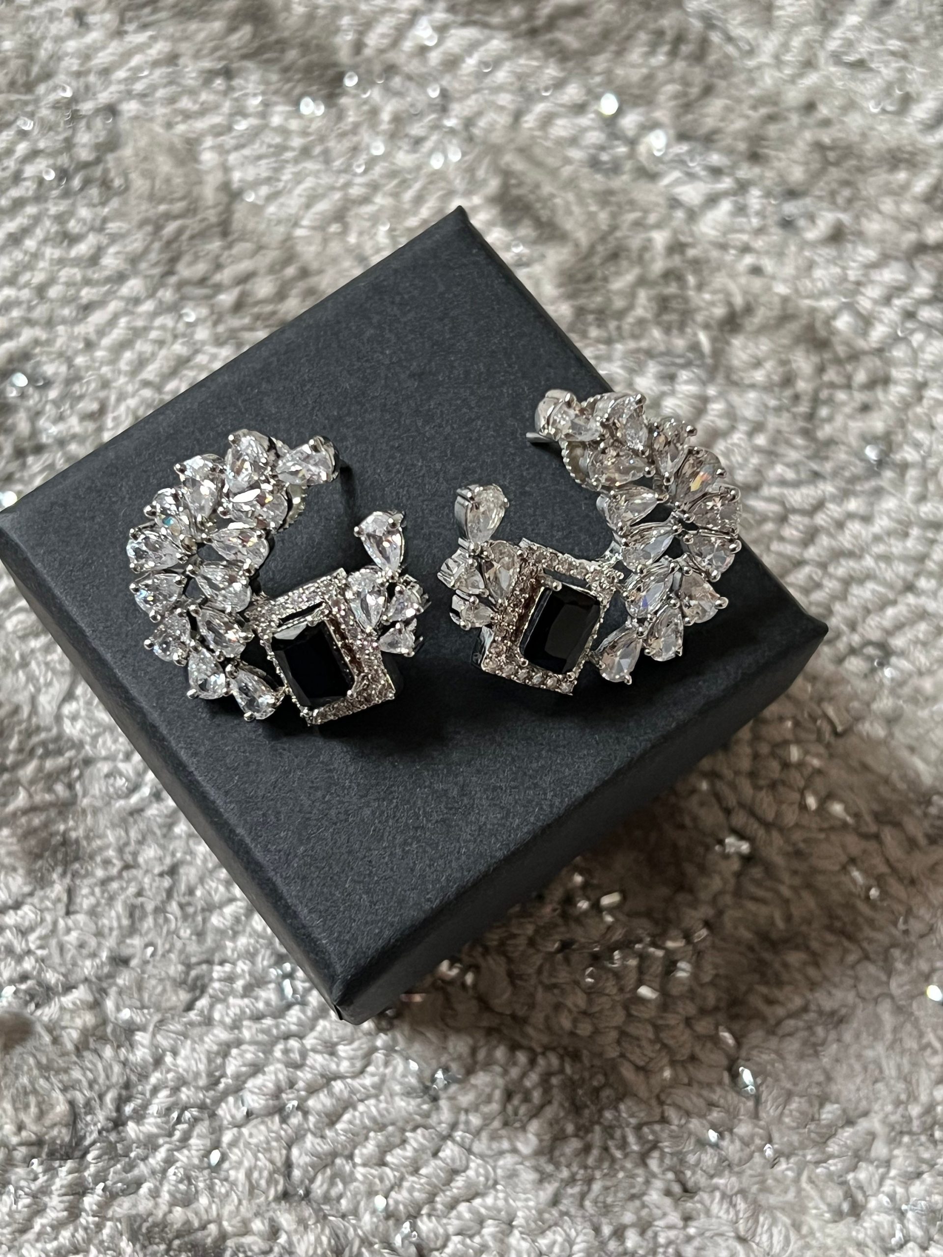 Black & Silver Statement Stud Earrings ? Cubic Zirconia Cluster with Jet Black Centerpiece | Luxe Party Jewelry - Image 6