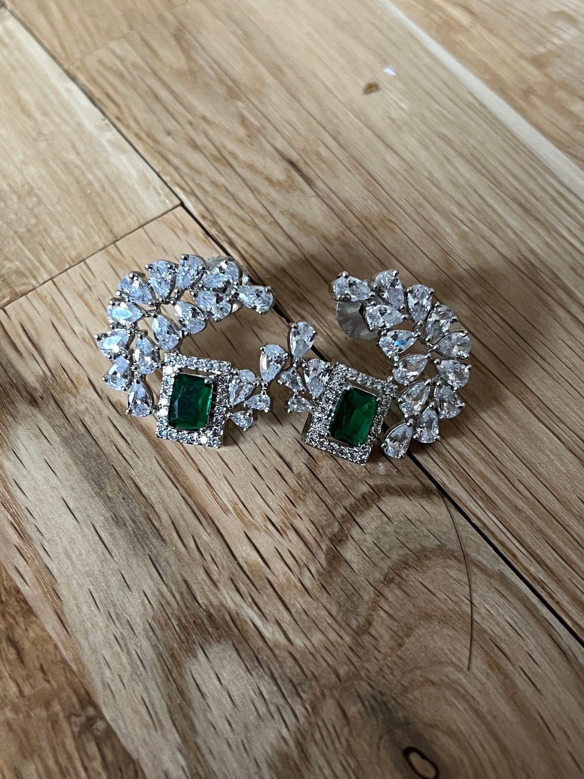 Green Gemstone Statement Earrings | Floral Crystal Studs with Emerald Center | Wedding & Party Jewelry | Luxury Silver Finish - Image 3