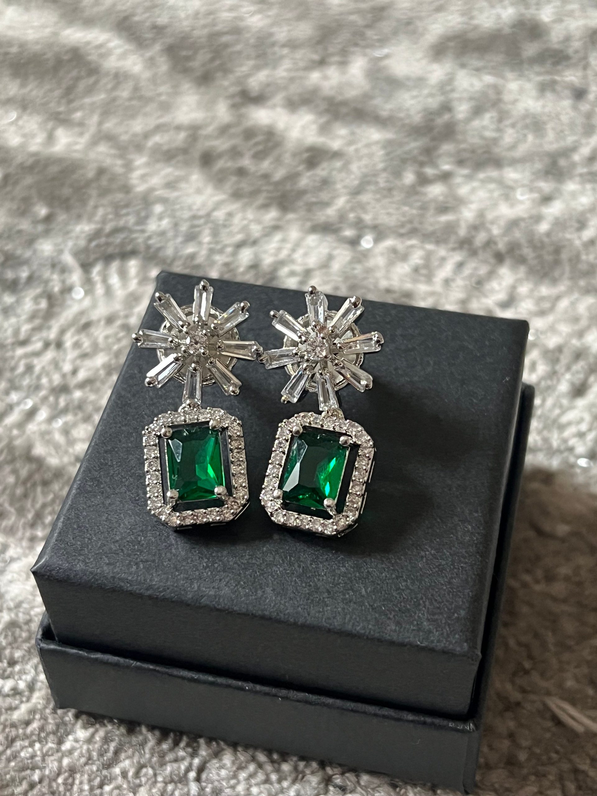 Emerald Green & Starburst Stud Earring Set | Bridal and Party Crystal Studs | Gift Box Included | Silver Sparkle Statement Set - Image 6