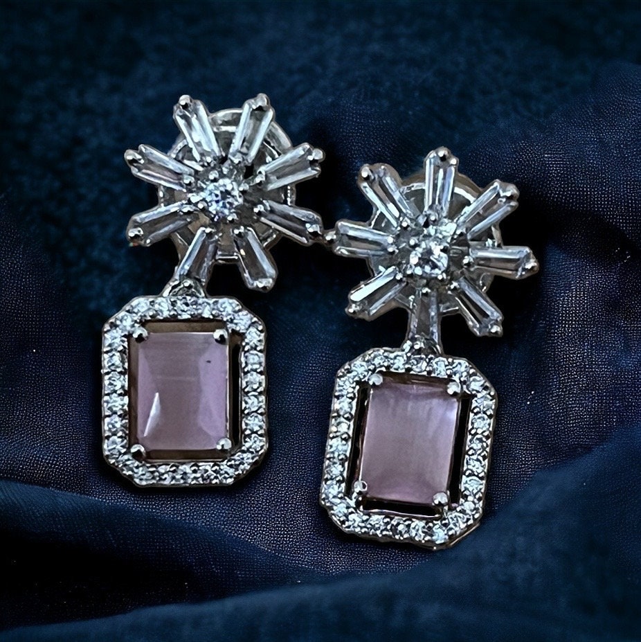 Pink Crystal Star Studded Drop Earrings Indian, Asian, Bollywood Jewelry - Image 2
