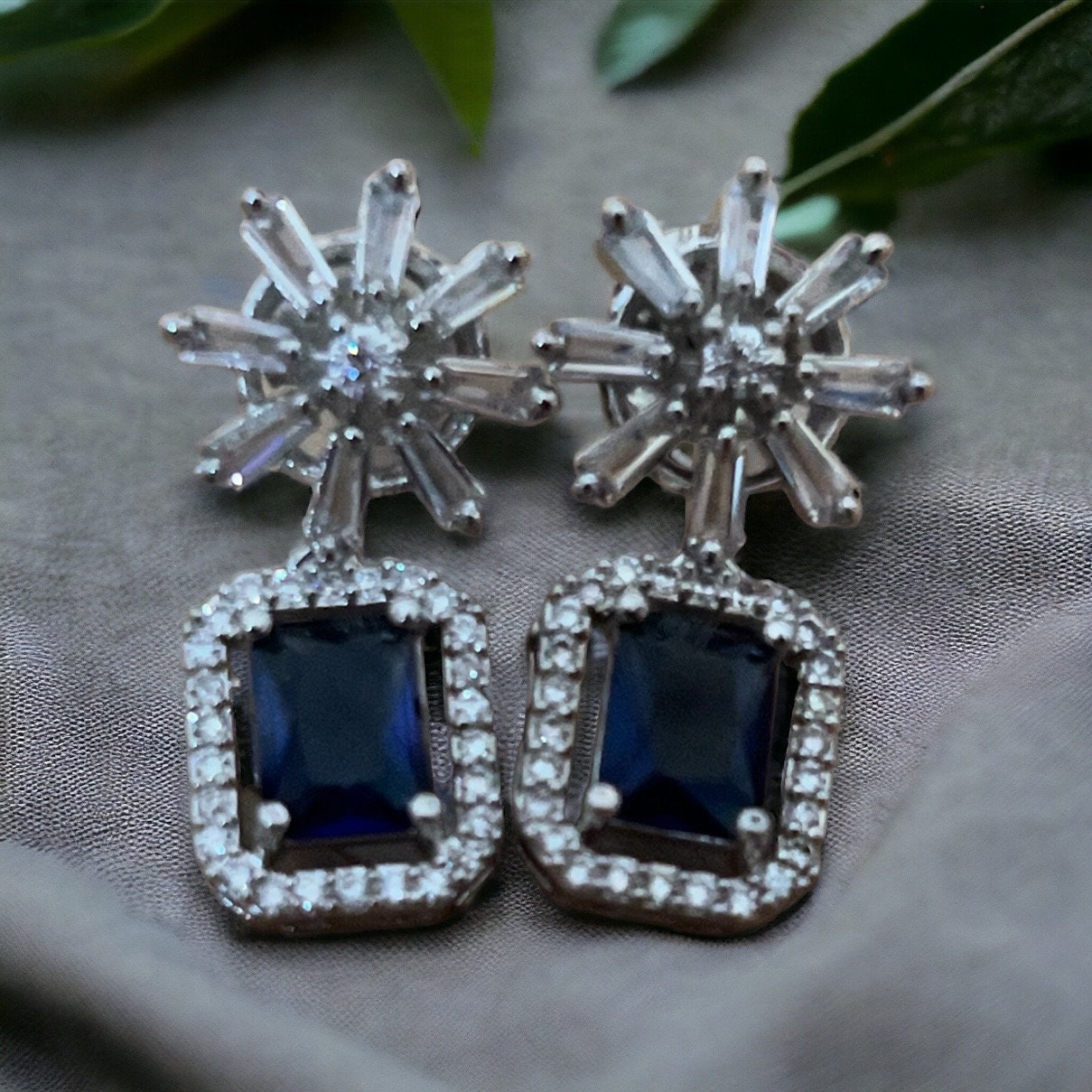 Sapphire Blue , Navy Crystal Star Studded Drop Earrings Indian, Asian, Bollywood Jewelry - Image 2