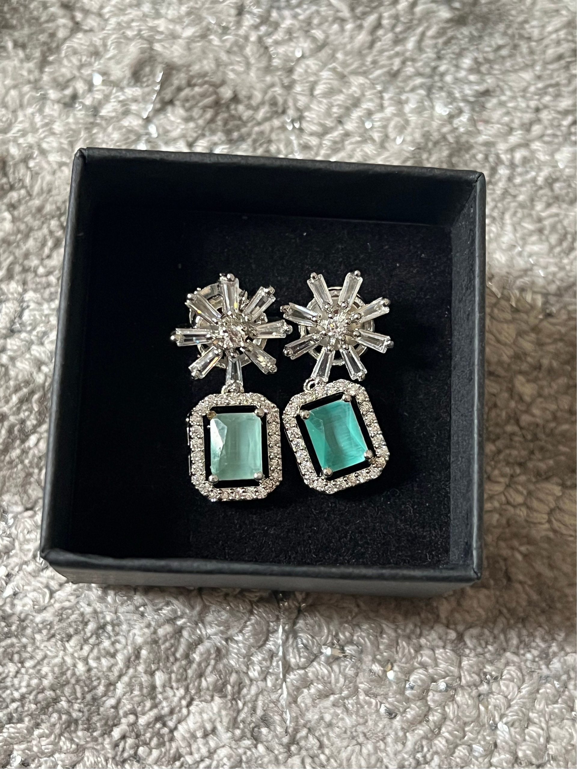 Mint Green Crystal Star Studded Drop Earrings Indian, Asian, Bollywood Jewelry - Image 4