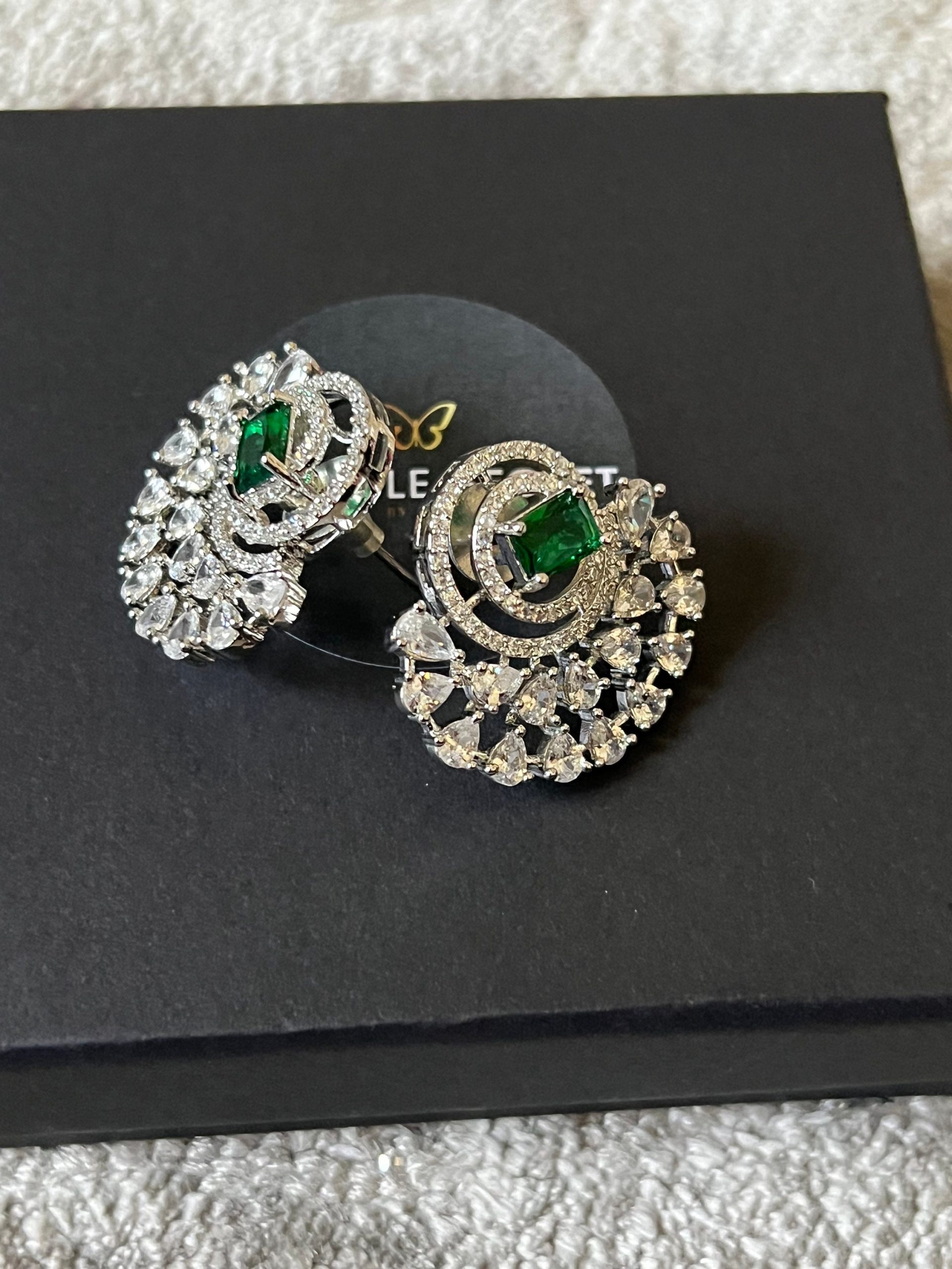 Emerald Green Fan Earrings | Bridal Statement Studs with Crystal Halo | Silver Glam Earrings for Weddings & Festive Wear - Image 4