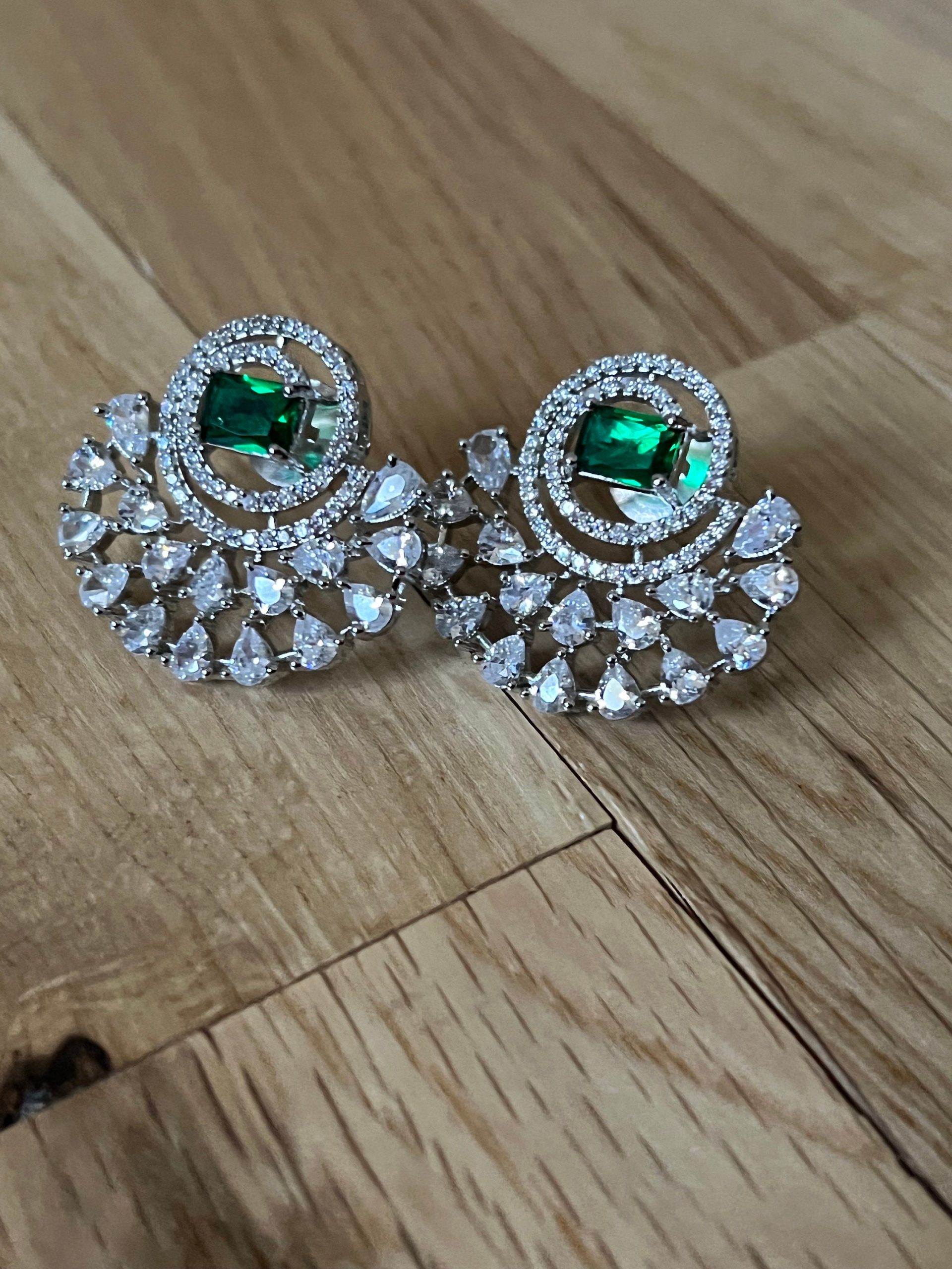 Emerald Green Fan Earrings | Bridal Statement Studs with Crystal Halo | Silver Glam Earrings for Weddings & Festive Wear - Image 6
