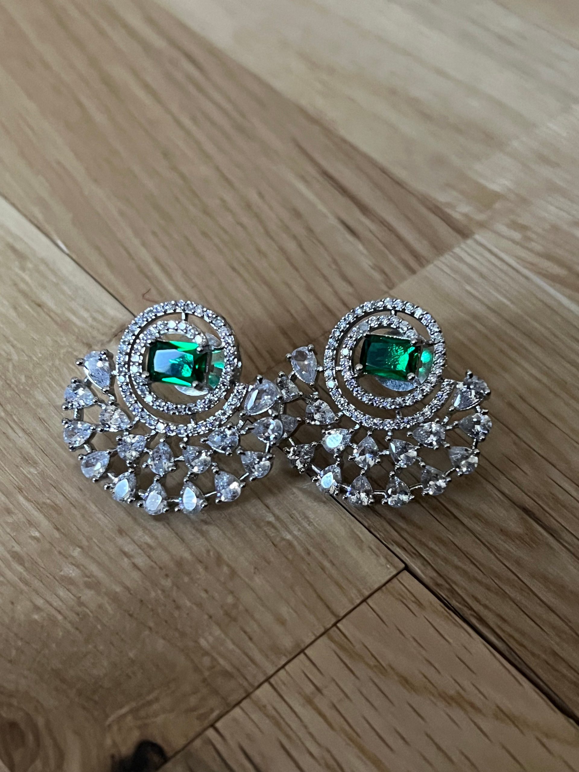 Emerald Green Fan Earrings | Bridal Statement Studs with Crystal Halo | Silver Glam Earrings for Weddings & Festive Wear - Image 7
