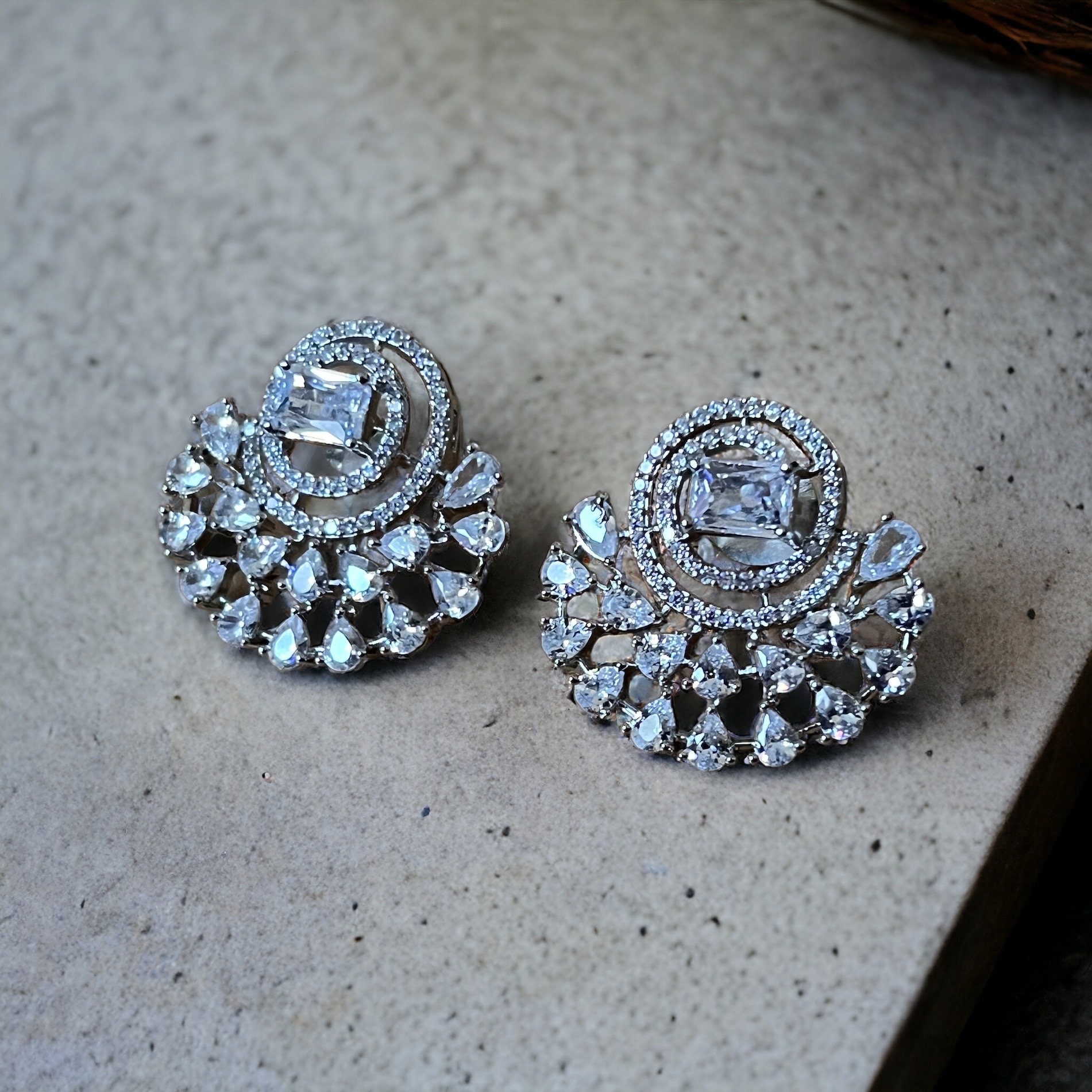 Silver Spiral Statement Stud Earrings ? Cubic Zirconia Circle Fan Design | Elegant Bridal or Party Jewelry - Image 2