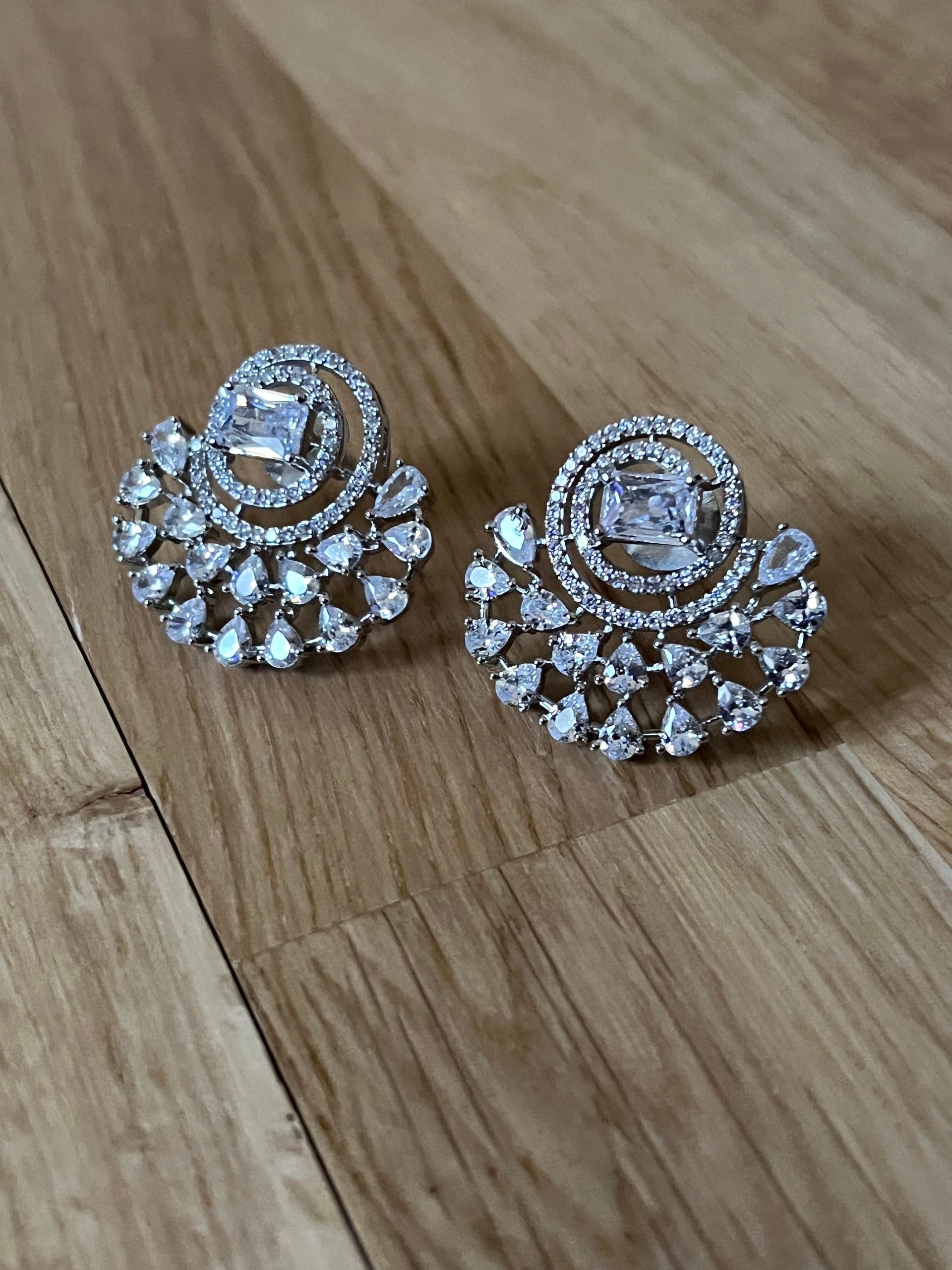 Silver Spiral Statement Stud Earrings ? Cubic Zirconia Circle Fan Design | Elegant Bridal or Party Jewelry - Image 6