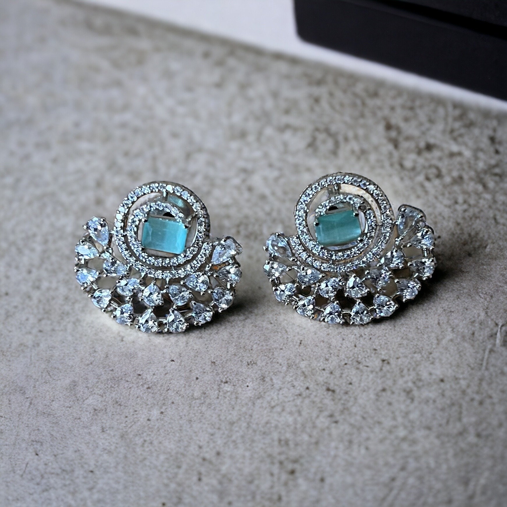 Mint Green, Sea Green, Turquoise Half Moon Drop Earrings - Indian, Asian, Bollywood Jewelry - Image 2