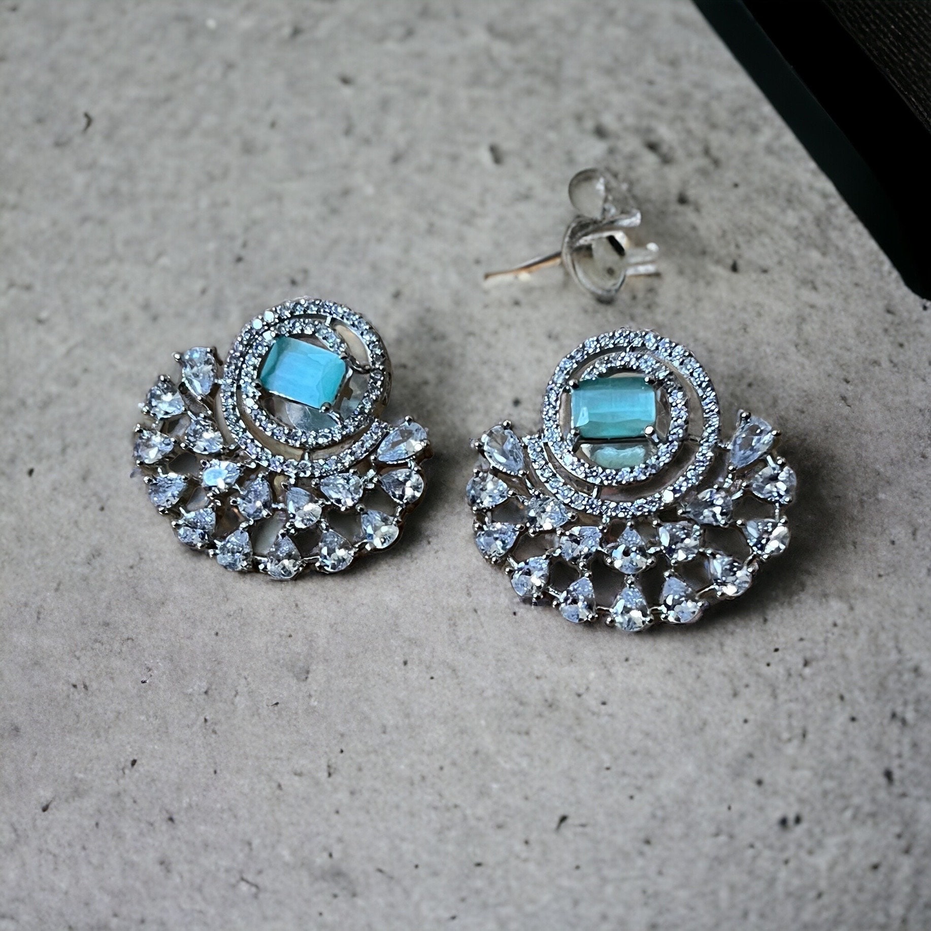 Mint Green, Sea Green, Turquoise Half Moon Drop Earrings - Indian, Asian, Bollywood Jewelry - Image 3