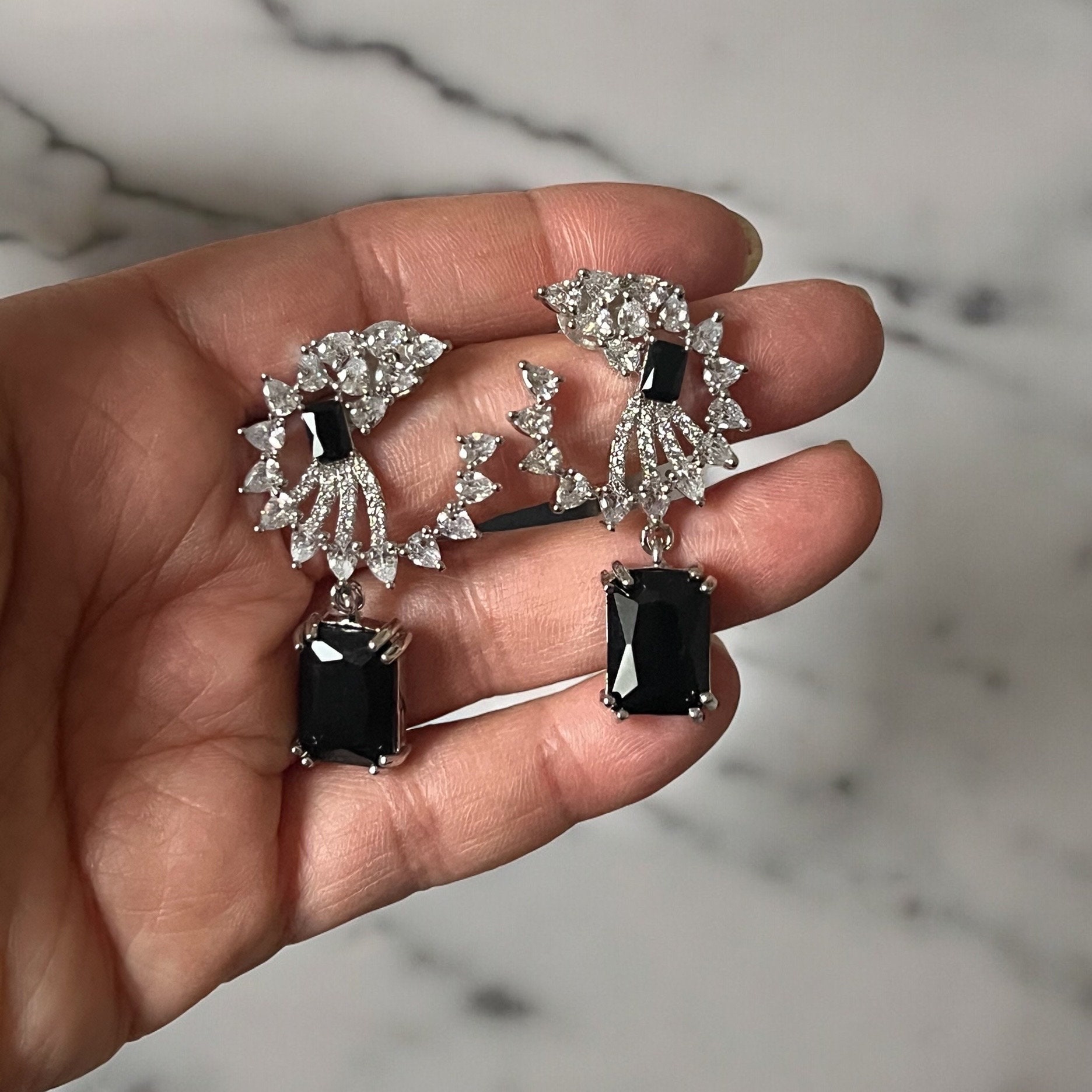 Black & Silver Drop Earrings ? Cubic Zirconia Statement Dangles with Jet Black Stone | Elegant Party Jewelry - Image 3