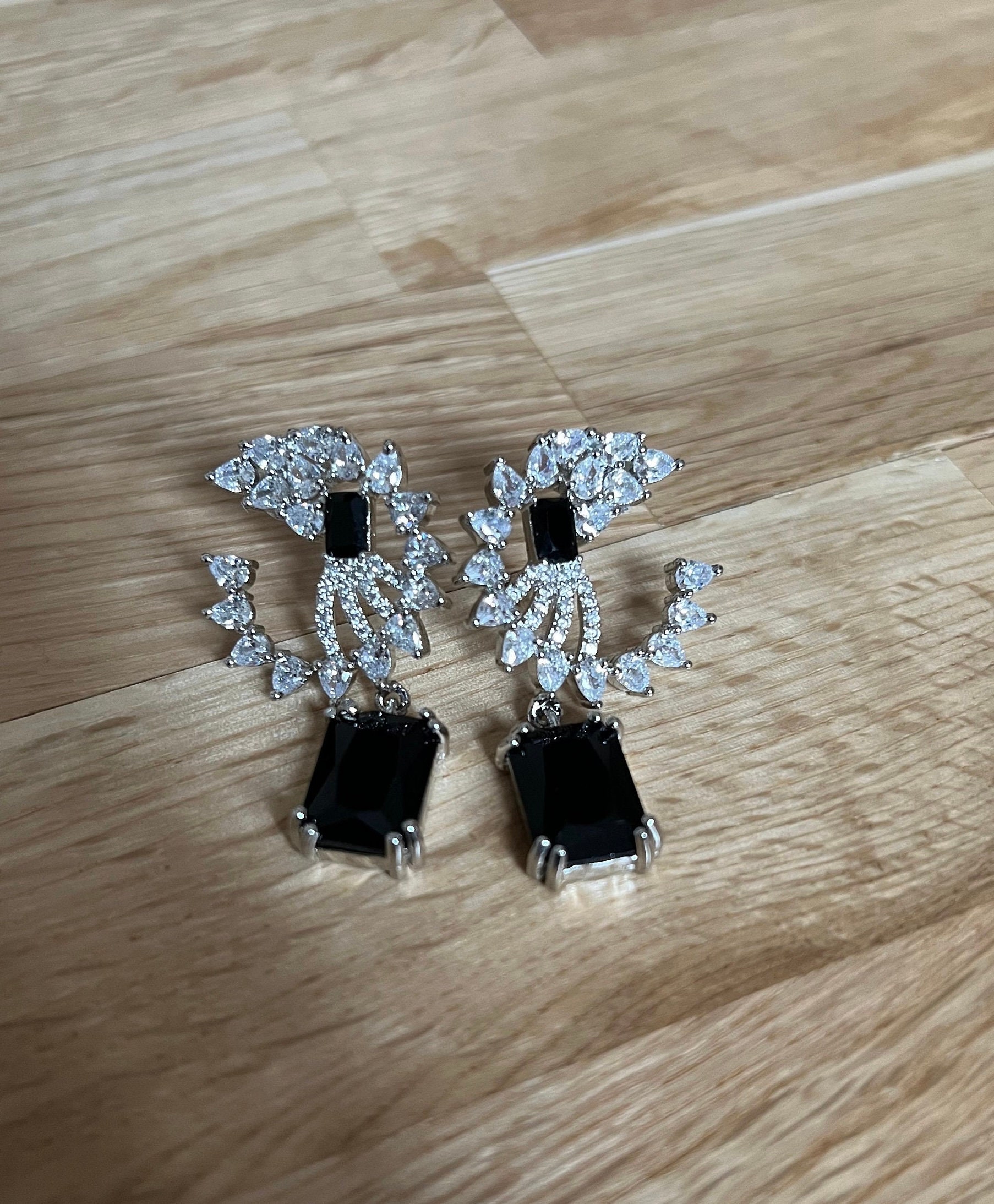 Black & Silver Drop Earrings ? Cubic Zirconia Statement Dangles with Jet Black Stone | Elegant Party Jewelry - Image 2