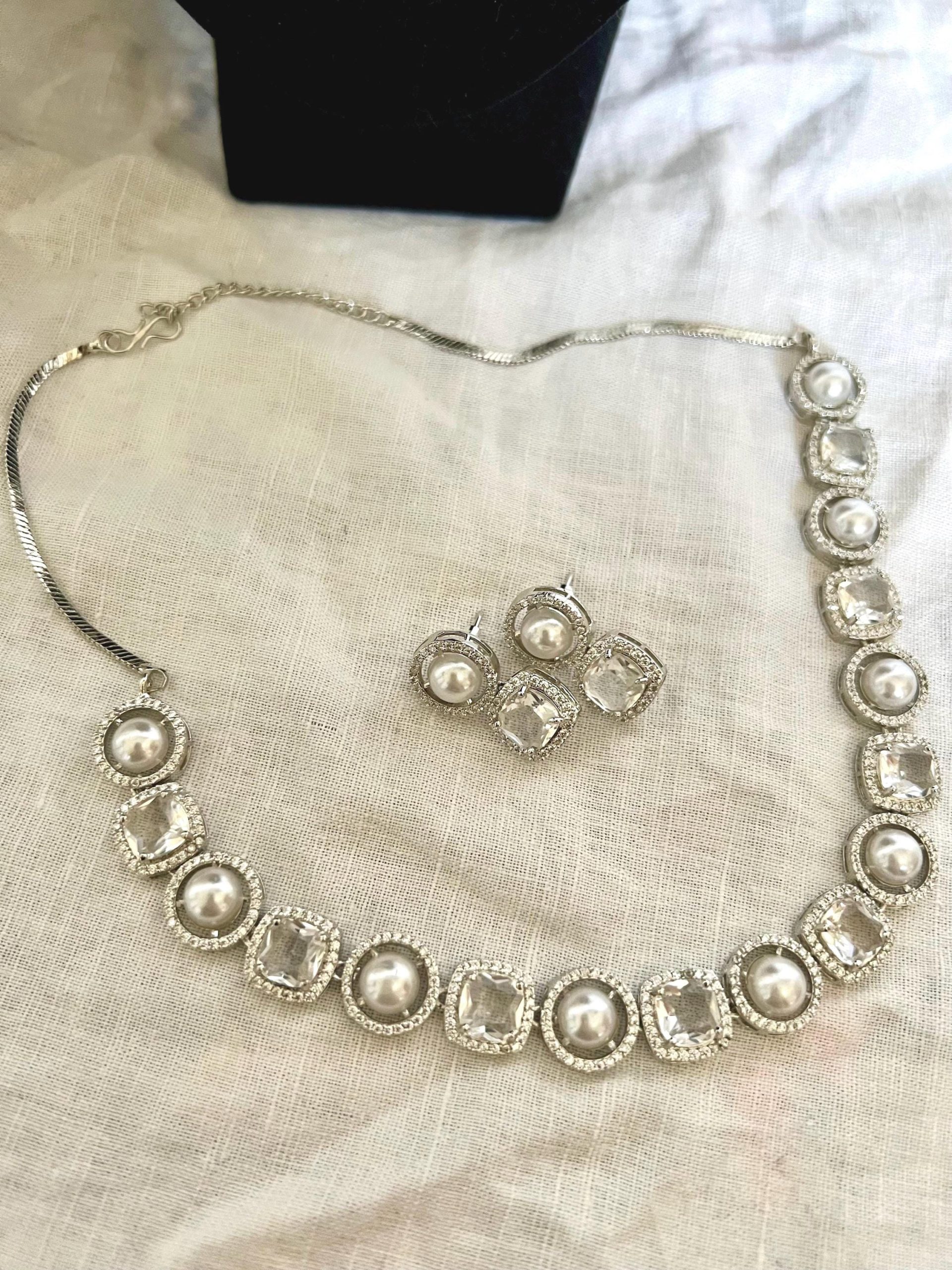Silver Pearl and Crystal Necklace Set ? Bridal Jewelry with Matching Earrings