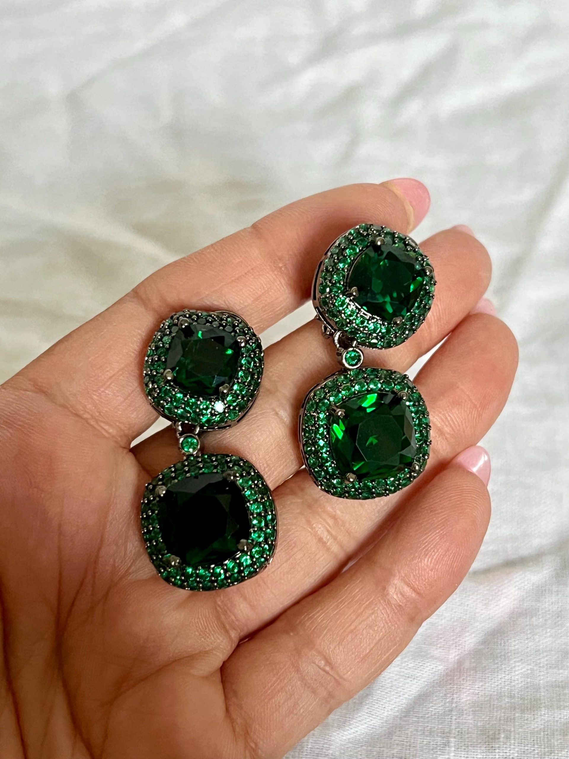 Bold Emerald Green Dangle Earrings | Square Cut Statement Drop Jewelry | Black Metal Bridal or Party Earrings | Luxury Look - Image 2