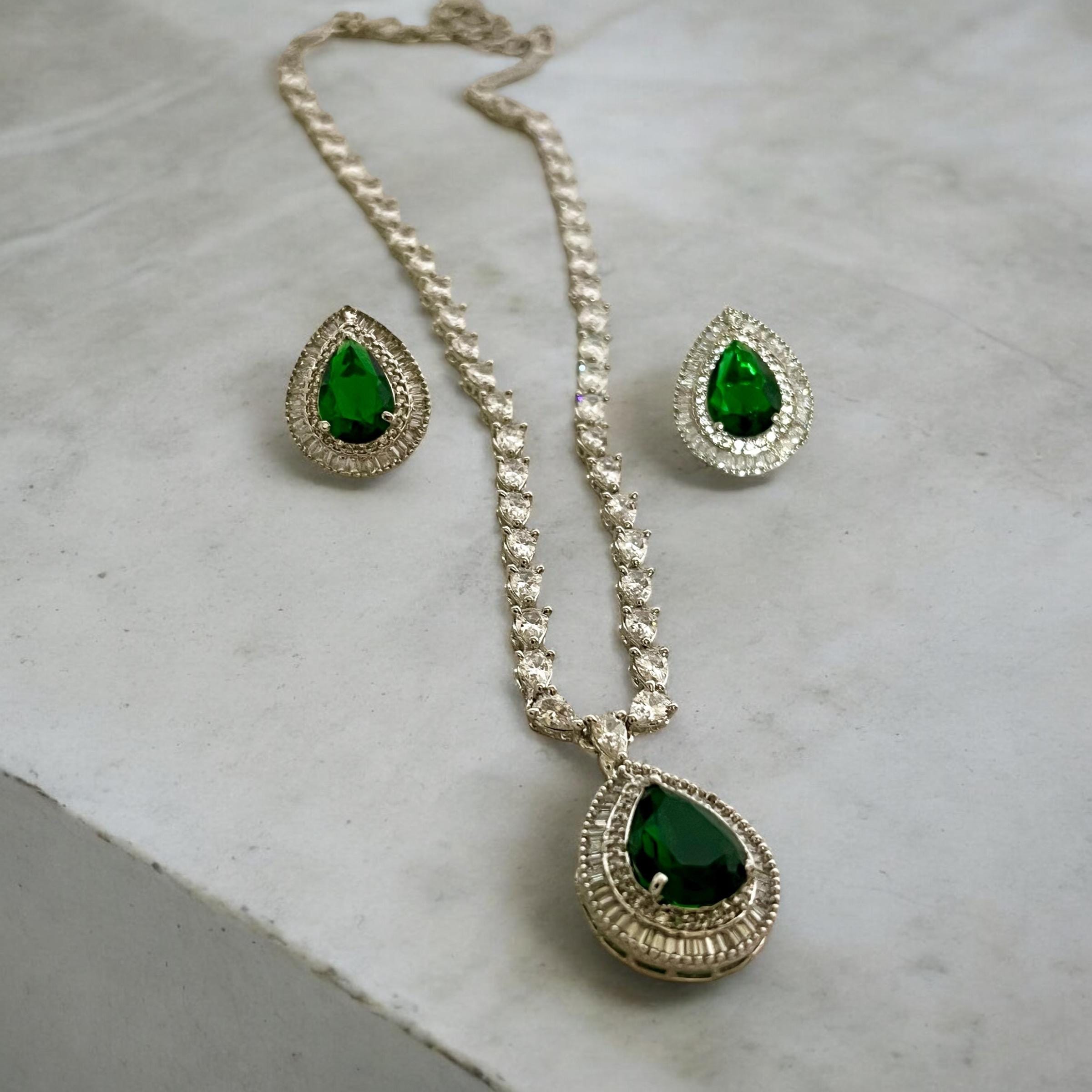 CZ Diamonds Silver Emerald Necklace Earrings Set, Bridal Necklace Earrings Antique Jewelry Set,Statement necklace, Engagement