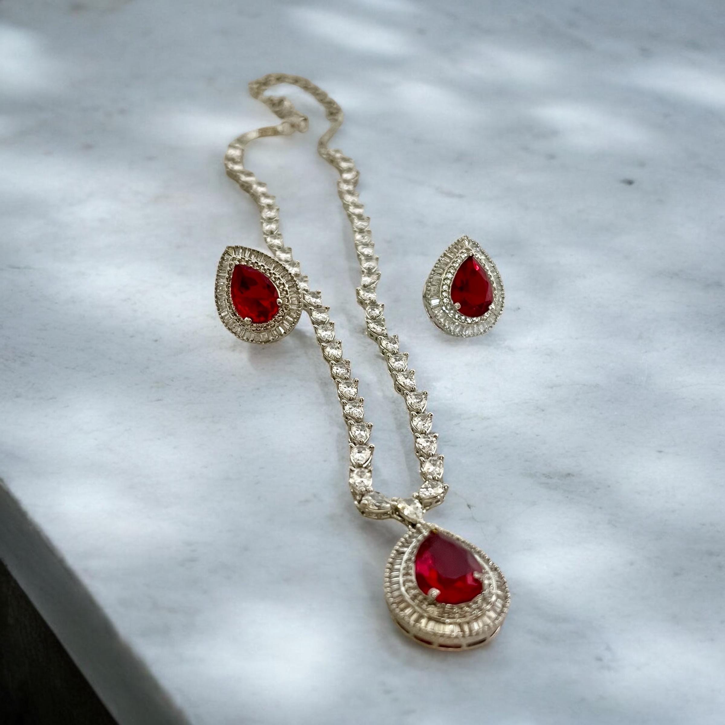 Elegant Ruby Teardrop Necklace & Stud Earring Set | Bridal Jewelry | Indian Wedding Set | Minimalist Red Stone Necklace | My Little Secret b