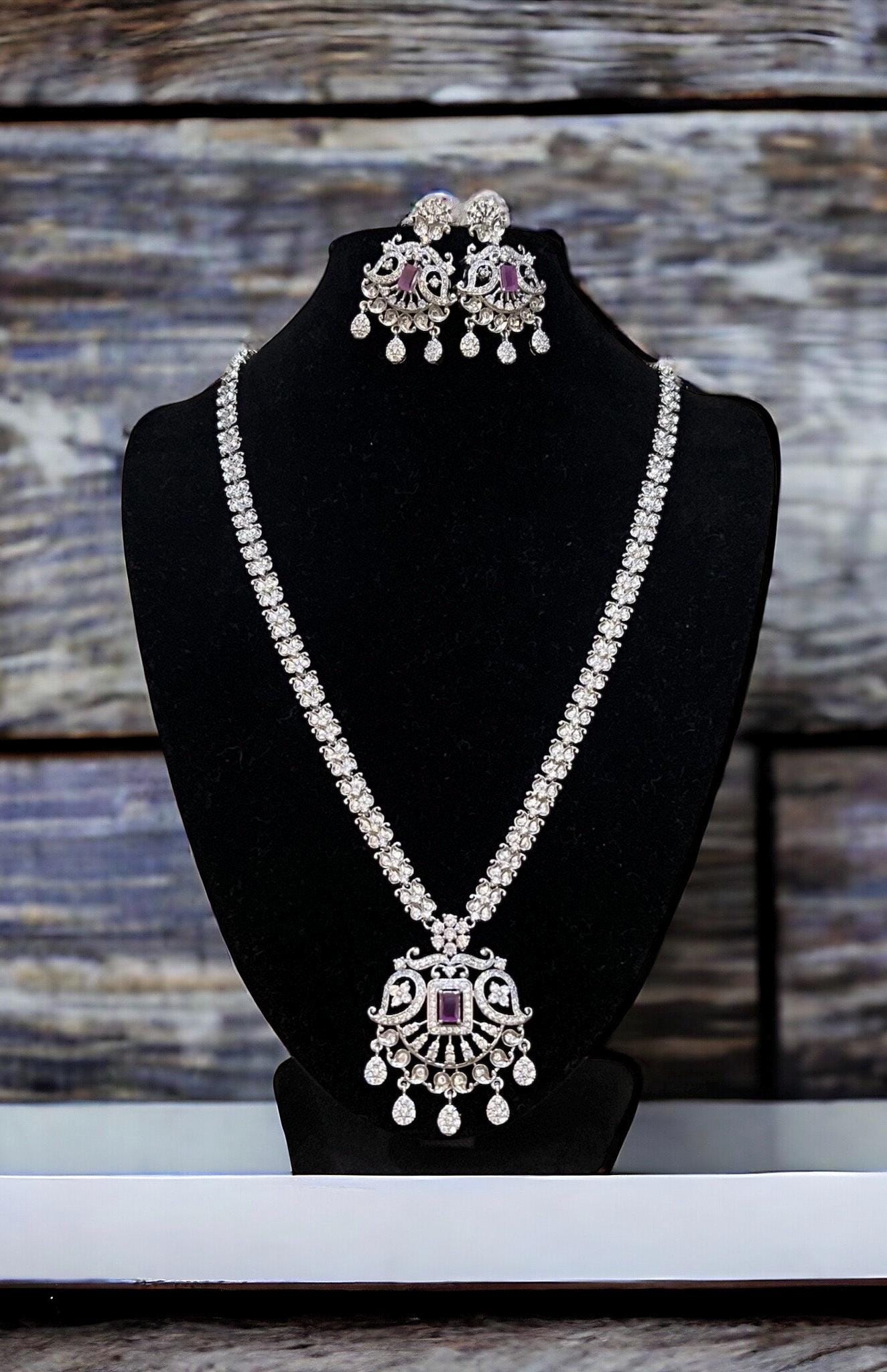 Ruby Pink and Silver AD Necklace Pendant Set - Long (24cm), Indian Jewelry, Statement necklace