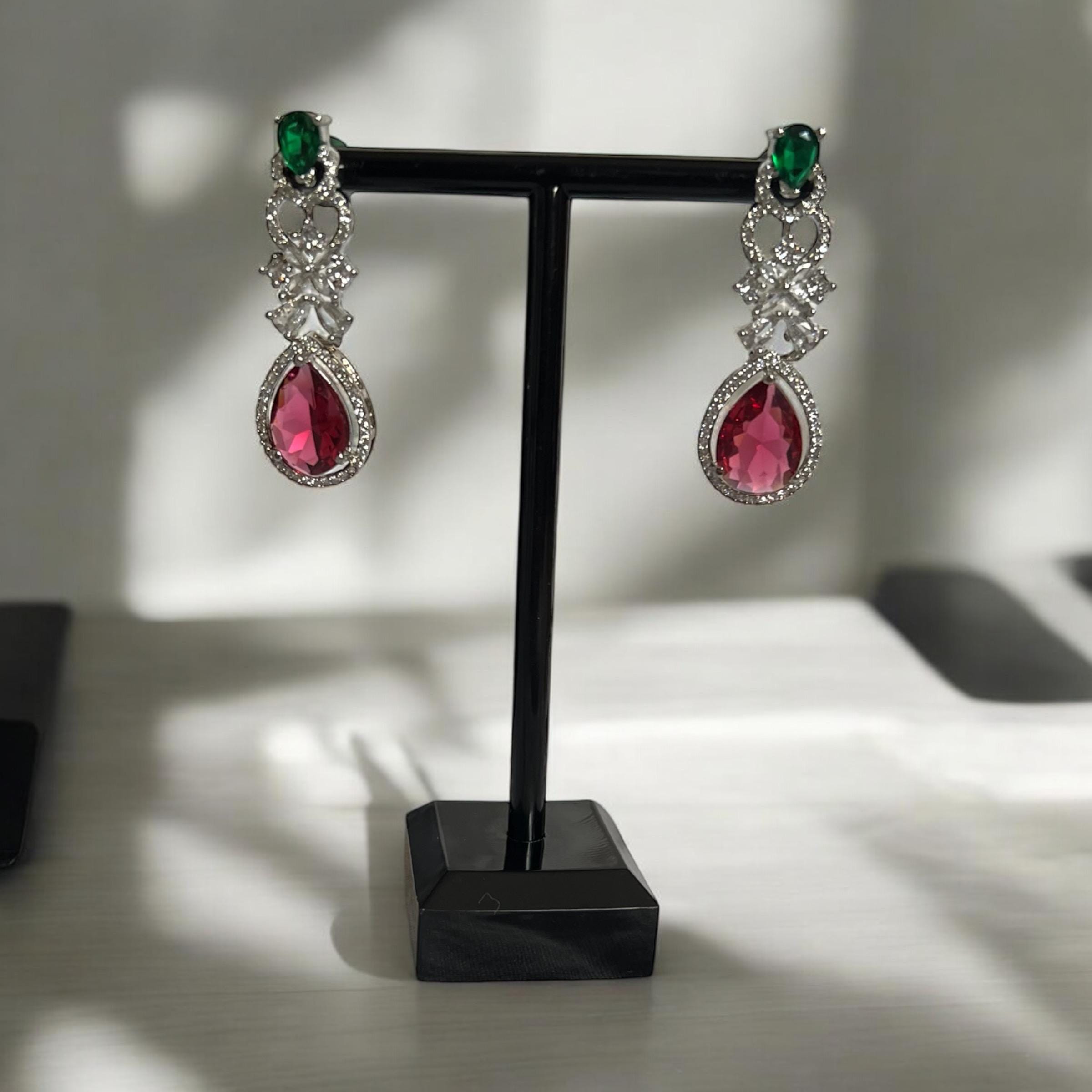 Colorful Teardrop Necklace & Earrings Set ? Silver Plated CZ Bridal Jewelry - Image 6