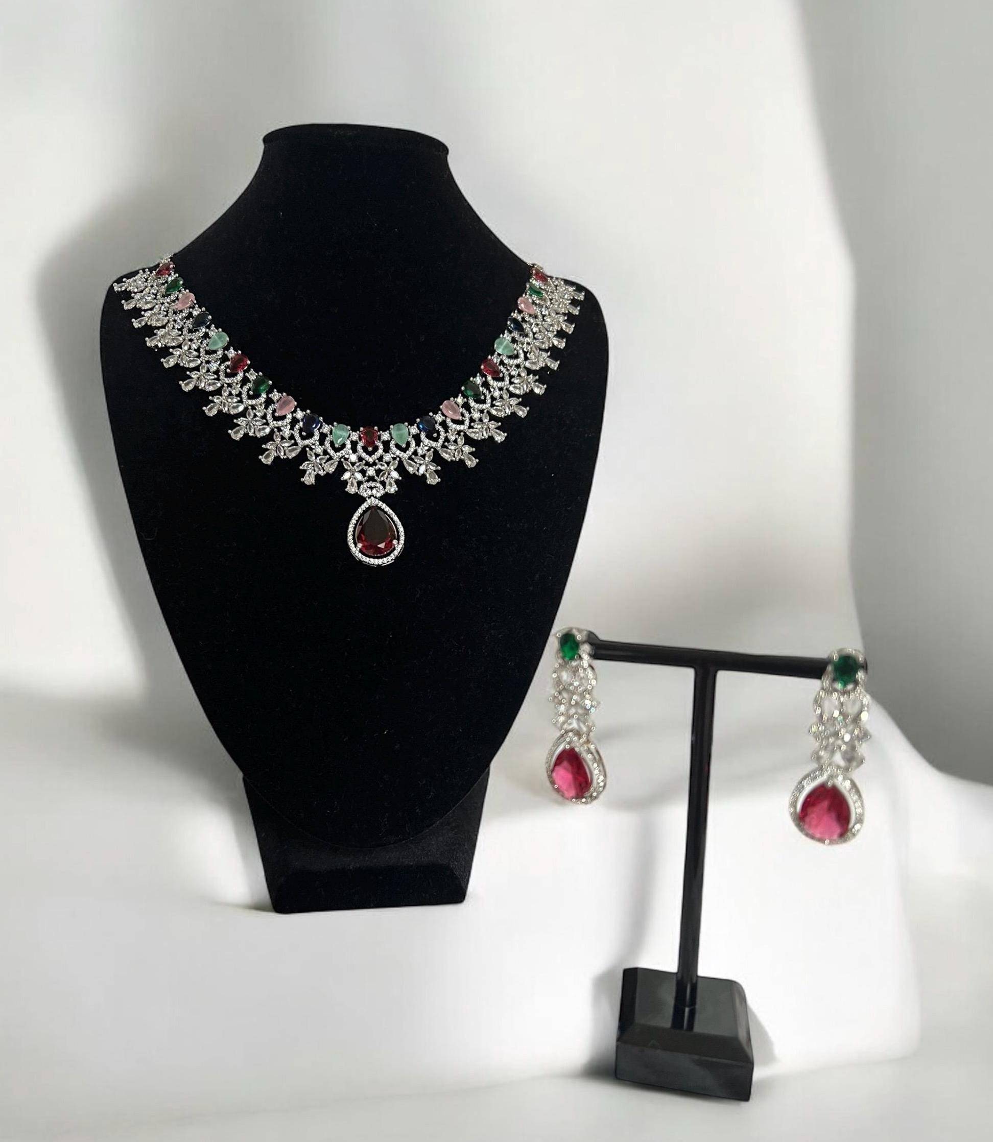 Colorful Teardrop Necklace & Earrings Set ? Silver Plated CZ Bridal Jewelry