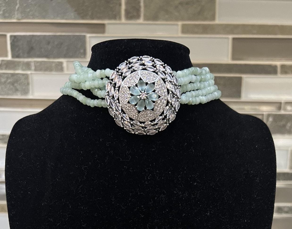 Green Beaded Jade Choker with Silver Floral Medallion ? Bridal & Festive Jewelry - Image 2