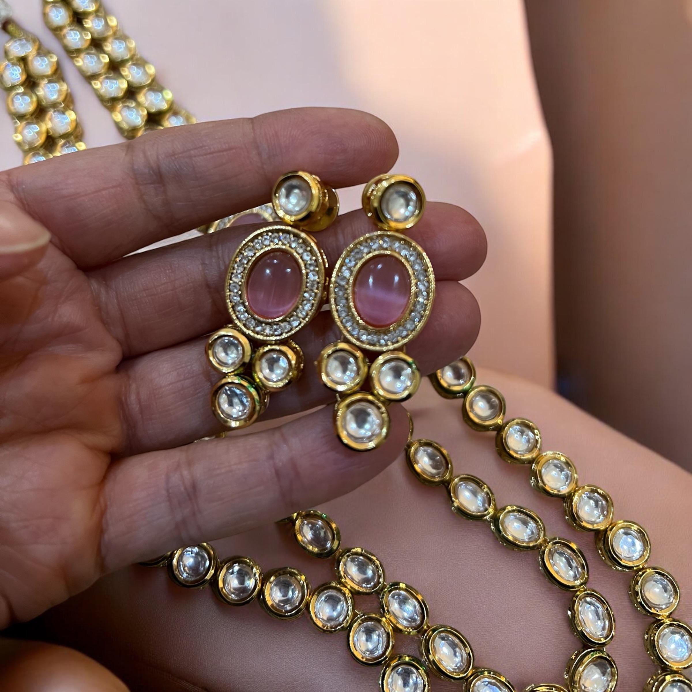 Blush Gold Kundan Necklace Set - Double Layered Indian Bridal Jewelry with Tikka - Image 2