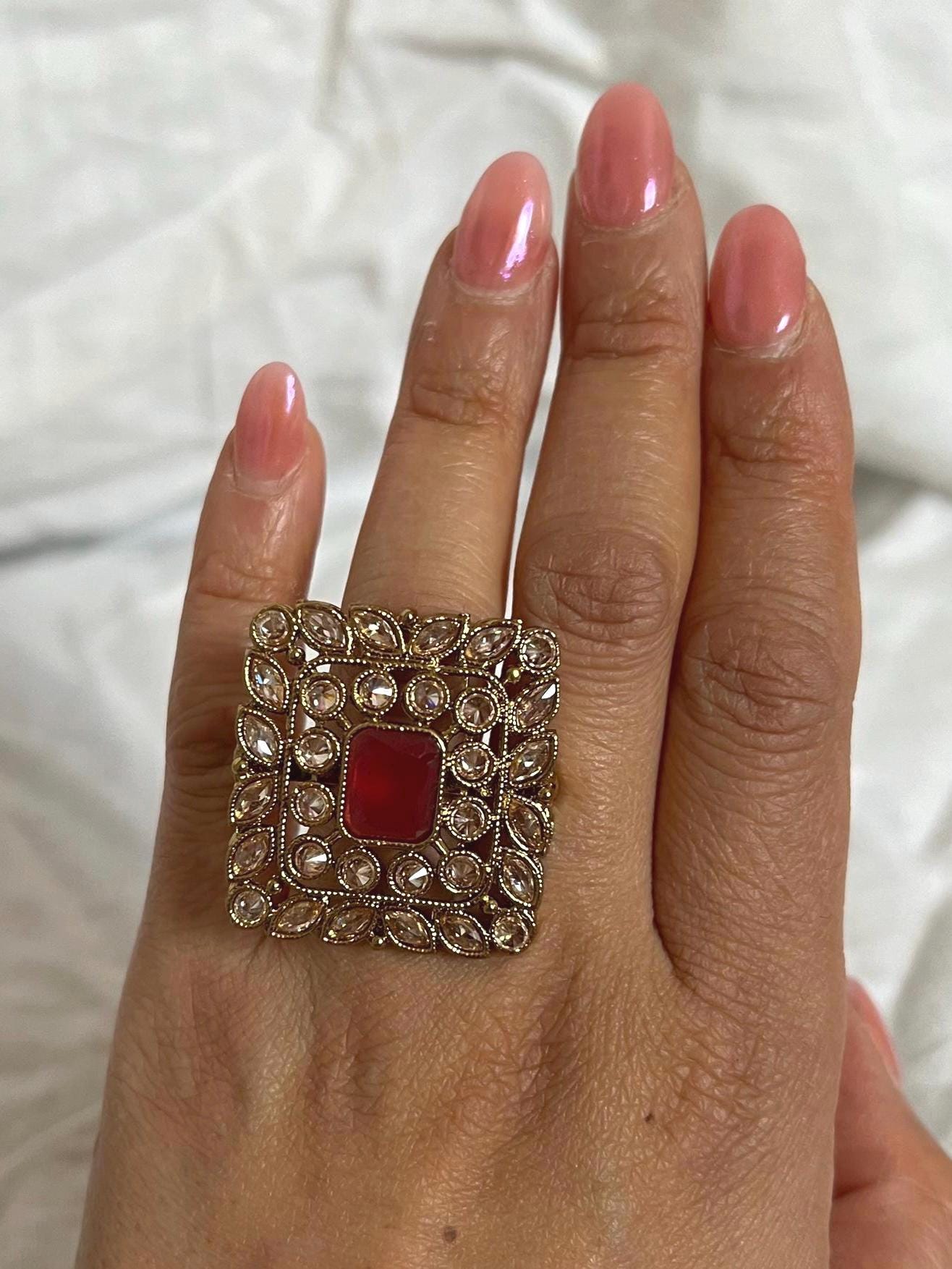 Maharani Regal Ruby- Statement Ring Ruby Cocktail Ring ? Indian Adjustable Gold Ring | Bridal Party Jewelry