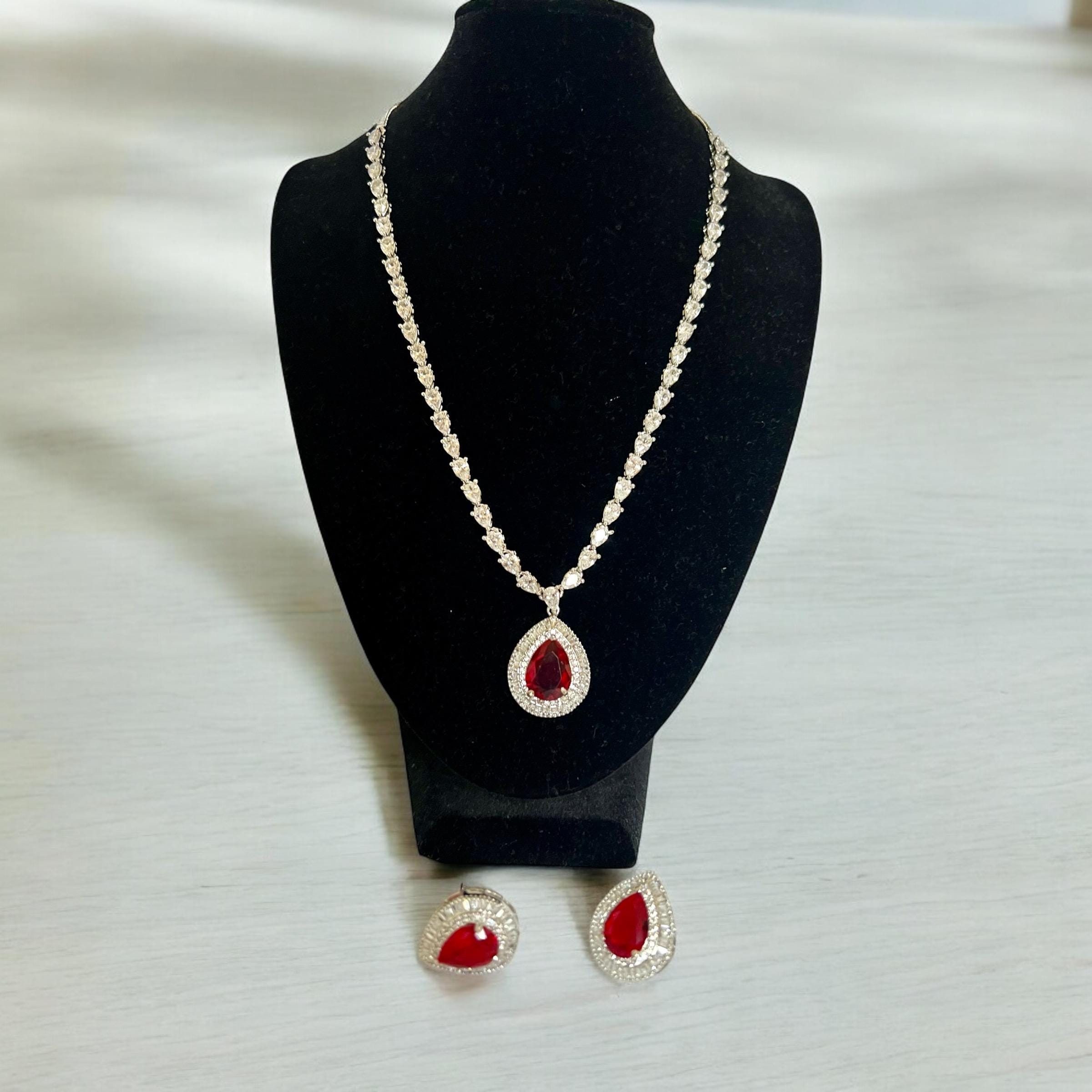 Elegant Ruby Teardrop Necklace & Stud Earring Set | Bridal Jewelry | Indian Wedding Set | Minimalist Red Stone Necklace | My Little Secret b - Image 2