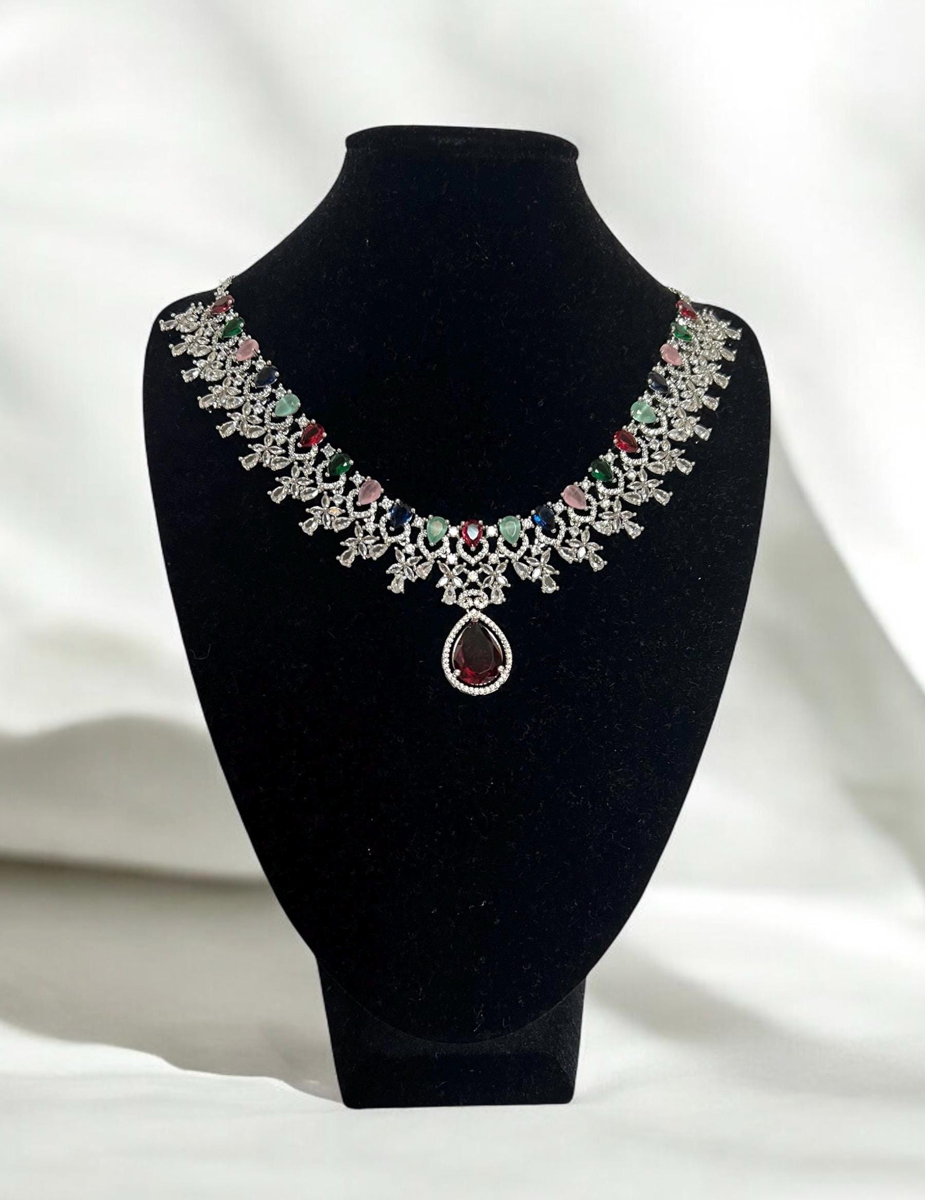 Colorful Teardrop Necklace & Earrings Set ? Silver Plated CZ Bridal Jewelry - Image 5