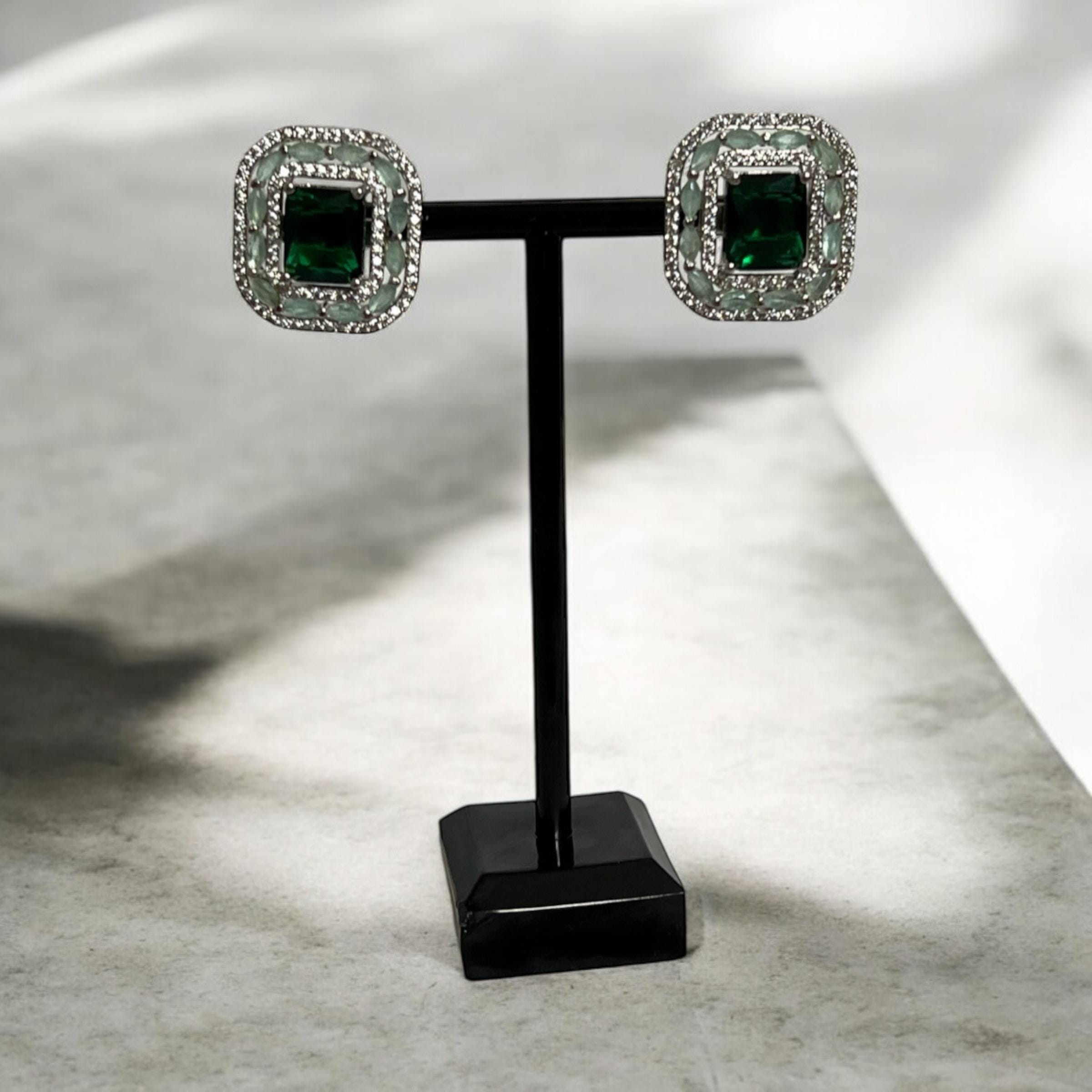 Emerald Cut Green Stud Earrings | Square Bridal Studs with Halo Crystals | Bold Statement Jewelry for Weddings & Parties - Image 2