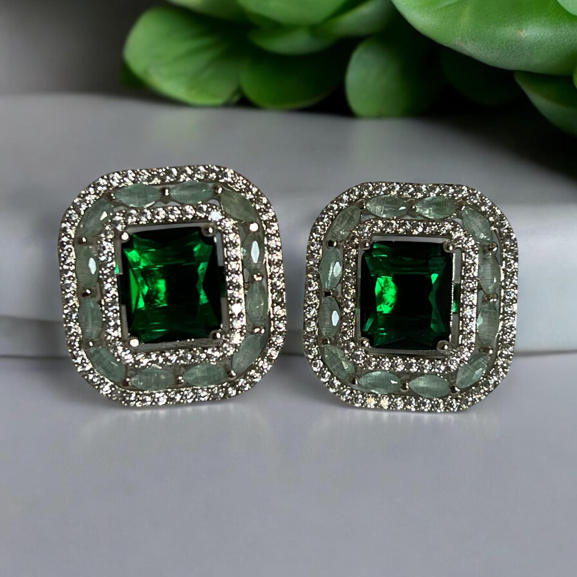 Emerald Cut Green Stud Earrings | Square Bridal Studs with Halo Crystals | Bold Statement Jewelry for Weddings & Parties