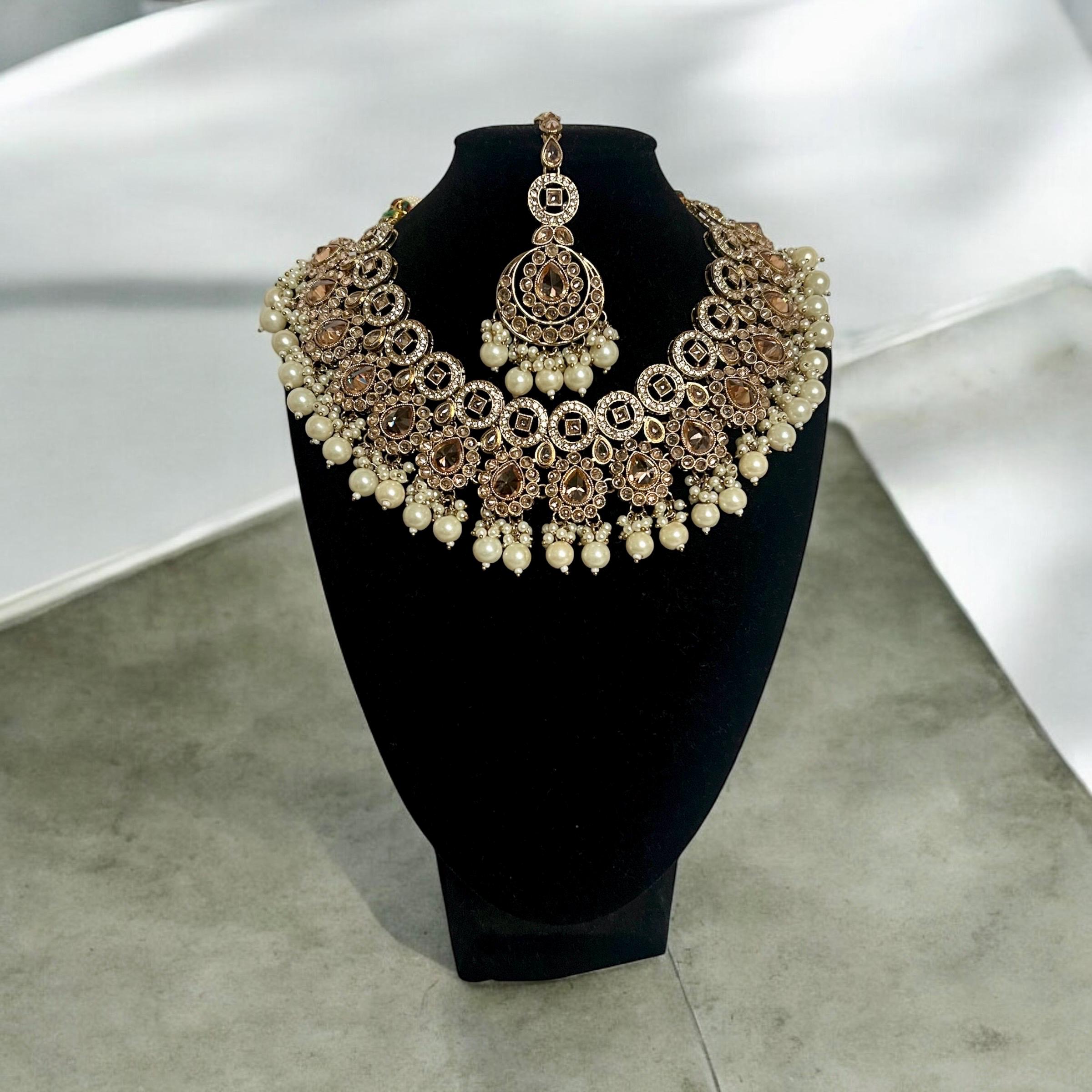 Antique Gold Bridal Necklace Set ? cream Stones & Pearl Accents with Earrings and Tikka, gold Kundan, choker, sabyasachi, bridal jewellery - Image 2