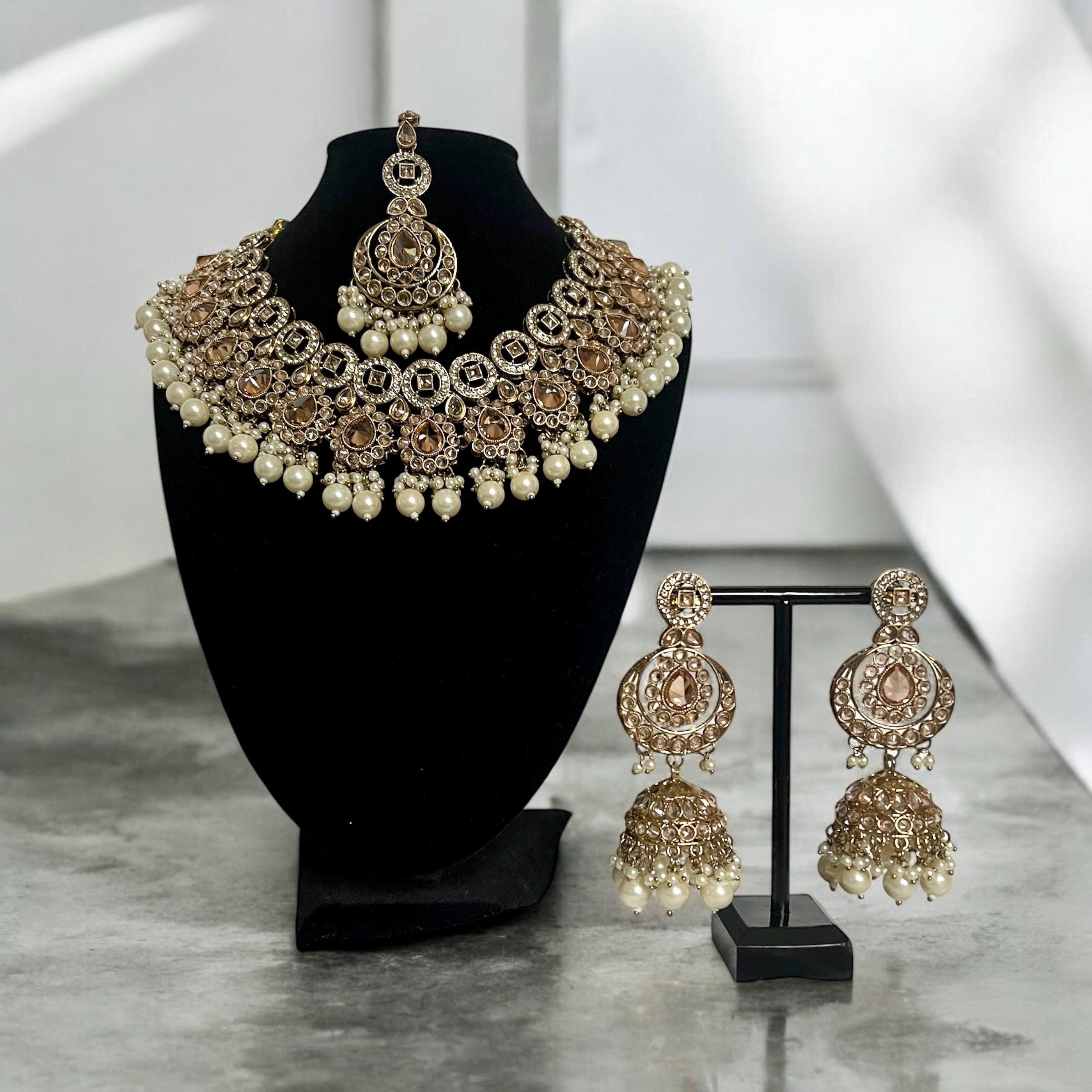 Antique Gold Bridal Necklace Set ? cream Stones & Pearl Accents with Earrings and Tikka, gold Kundan, choker, sabyasachi, bridal jewellery