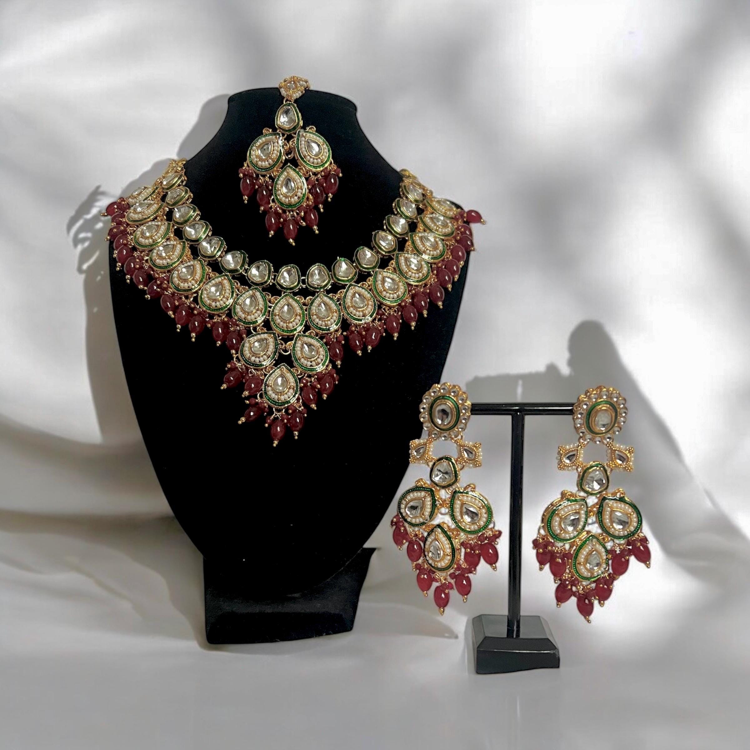 Grand Kundan Bridal Necklace Set ? Green & Maroon Stones, Gold Indian Jewelry with Earrings and Tikka - Image 8