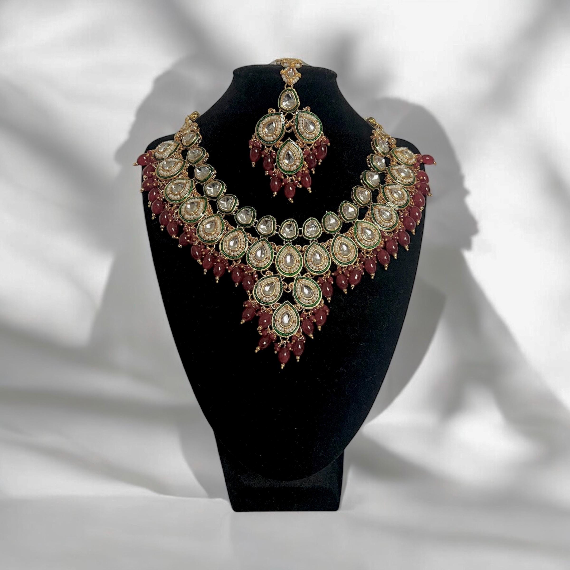 Grand Kundan Bridal Necklace Set ? Green & Maroon Stones, Gold Indian Jewelry with Earrings and Tikka - Image 7