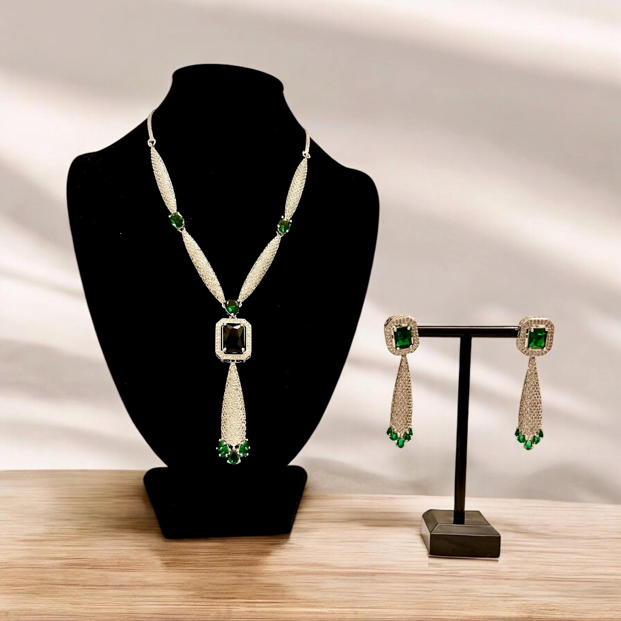 Emerald Green Necklace Set ? Bridal Statement Jewelry with Drop Earrings | Indian Wedding Party Jewelry | Long Crystal Necklace