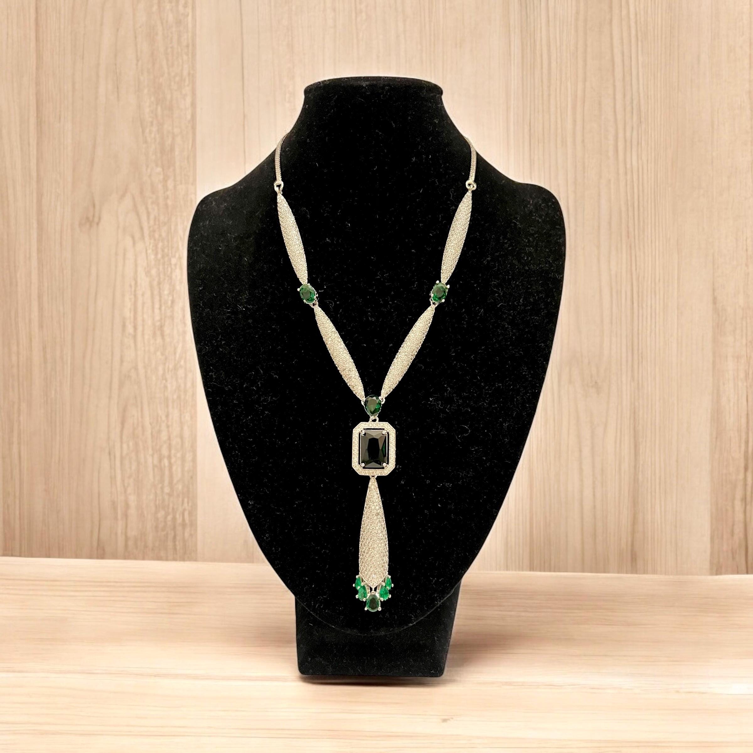 Emerald Green Necklace Set ? Bridal Statement Jewelry with Drop Earrings | Indian Wedding Party Jewelry | Long Crystal Necklace - Image 2